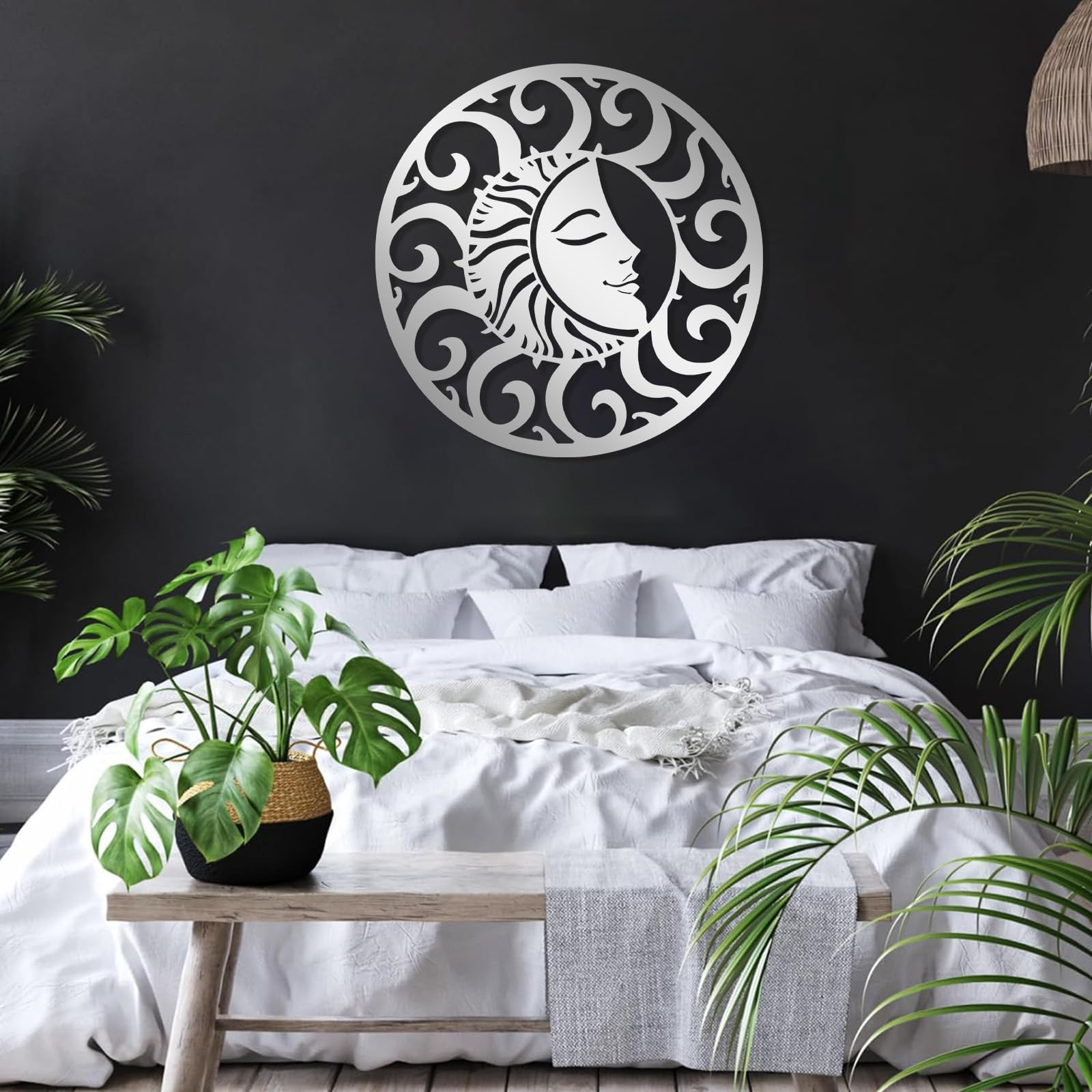 Metall-Wanddeko, Boho-Wohndeko, Hängedeko fürs Schlafzimmer (Silber, 60 x 60 cm)