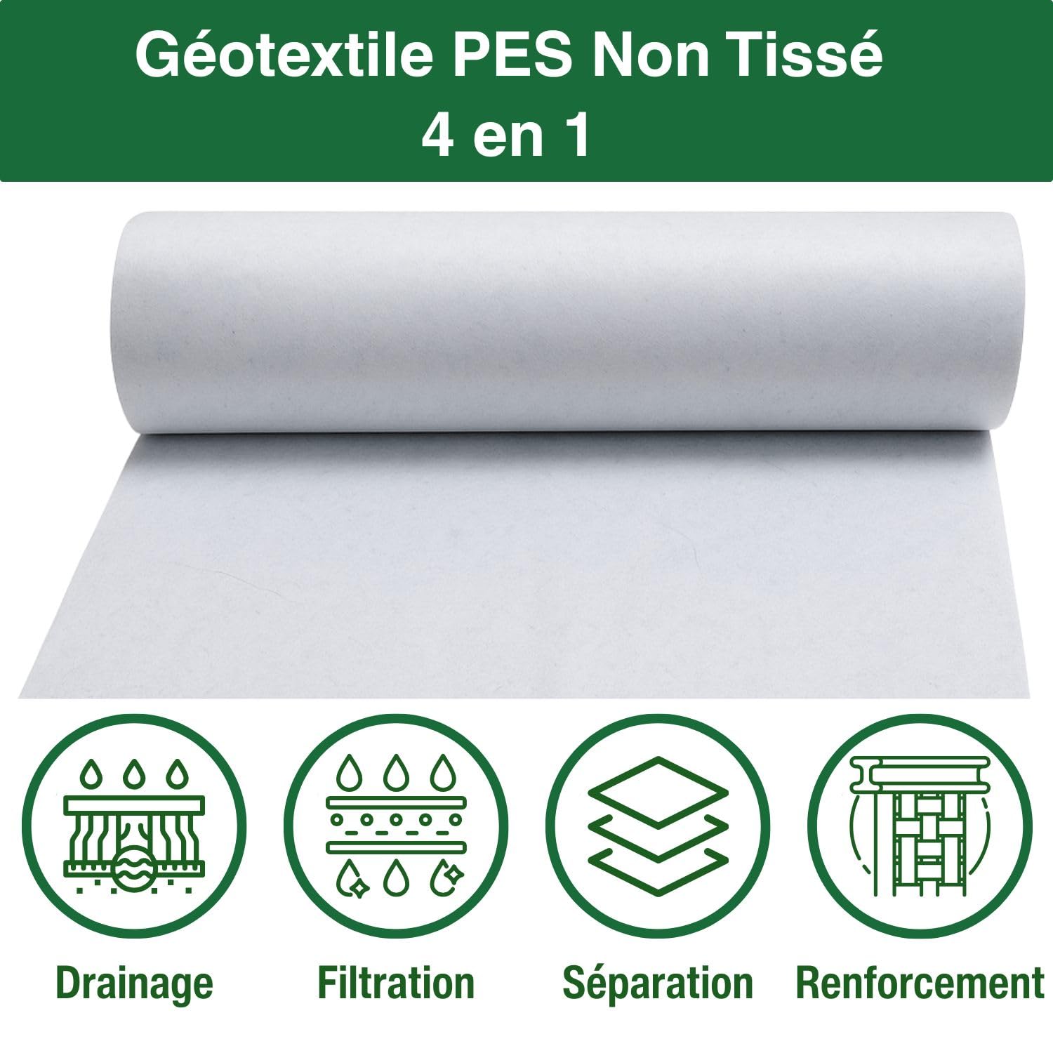 30 m² Fieltro Geotextil 300 g/m2 poliéster (PES) - Tejido Permeable al Agua - 1 x 30 m - Lona de drenaje Cuenca/Terraza/Jardín - Separación Grava/Arena/Pavimentes/Césped Sintético