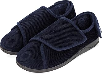 Men's Corduroy Slippers Comfy Adjustable Hook and Loop Memory Foam Wide Indoor House Shoes for Diabetic Swollen Feet