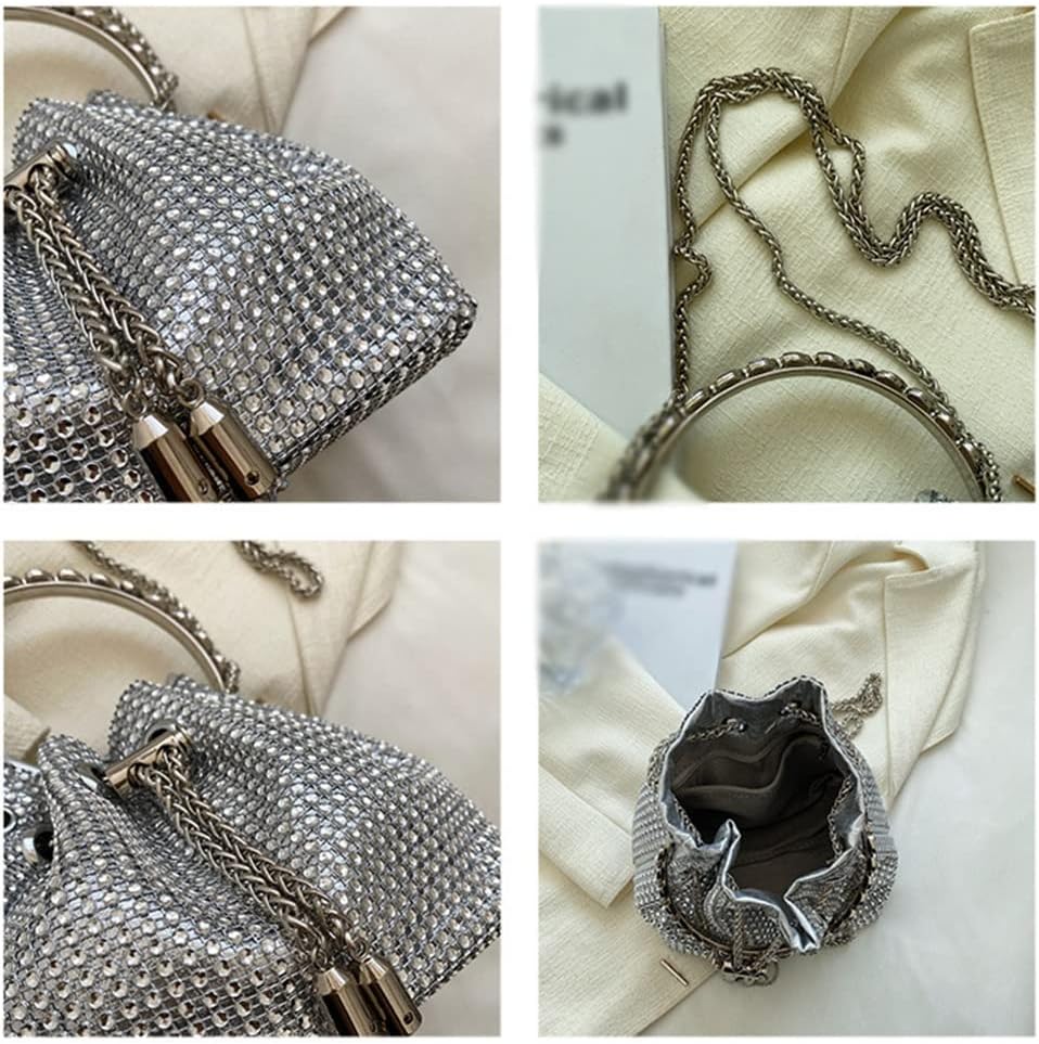[DIOWP] ニッチブライトダイヤモンドバッグ女性ラインダイヤモンド散りばめドローロープバケットバッグチェーンクロスボディバッグデ