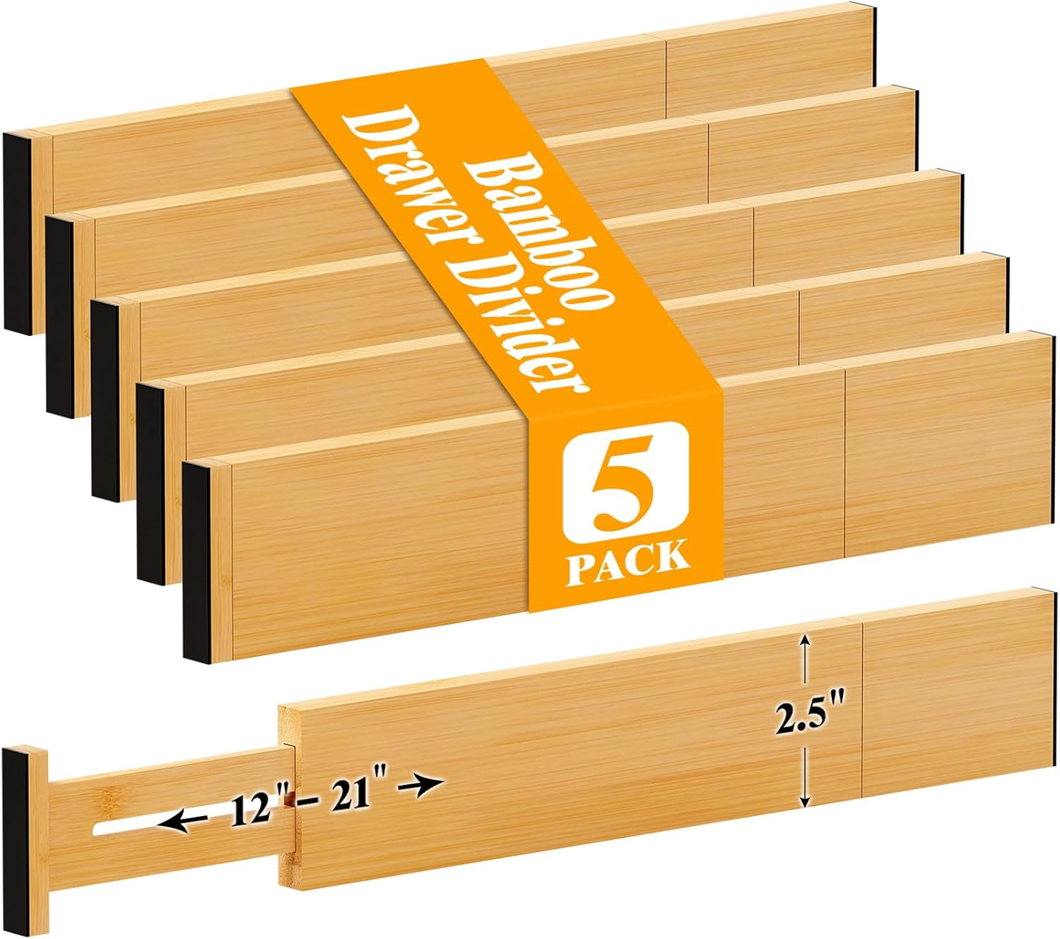 Bamboo Drawer Dividers,12-21" Adjustable Drawer Organizers for Clothes,Expandable Dresser Separators in Kitchen/Bedroom/Bathroom/Vanity/Office Organization and Storage,5-Pack
