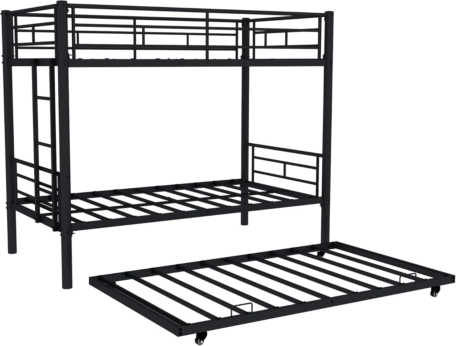 KEIKI Twin Size Triple Bunk Bed w/Trundle,Heavy Duty Metal Convertible Platform Bed Frame with Ladder & Full-Length Guardrail, for Teens, Adults, Noise Reduced, No Box Spring Needed,Black