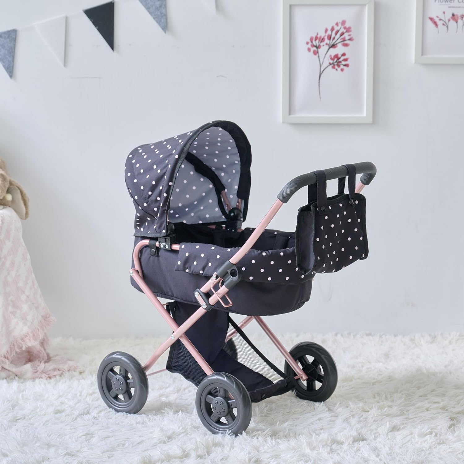 Olivia's Little World Pin Up Foldable Baby Doll Stroller- Classic Style Doll Pram with Retractable Canopy and Storage Basket, Fits 15''-18'' Dolls, Pretend Play Toy for Girls Ages 3-6