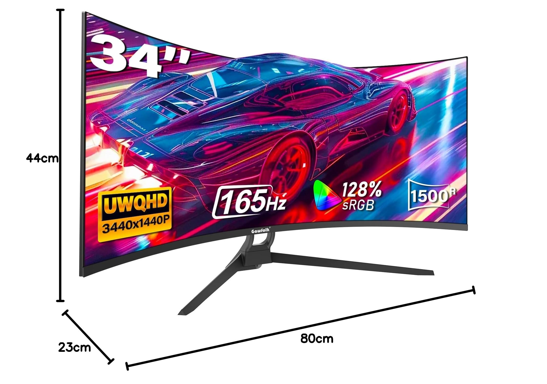Gawfolk Écran PC Incurvé 34 Pouces Moniteur Gaming 1500R 165Hz UWQHD 2K 3440x1440 128% sRGB 1ms MPRT HDMI DP