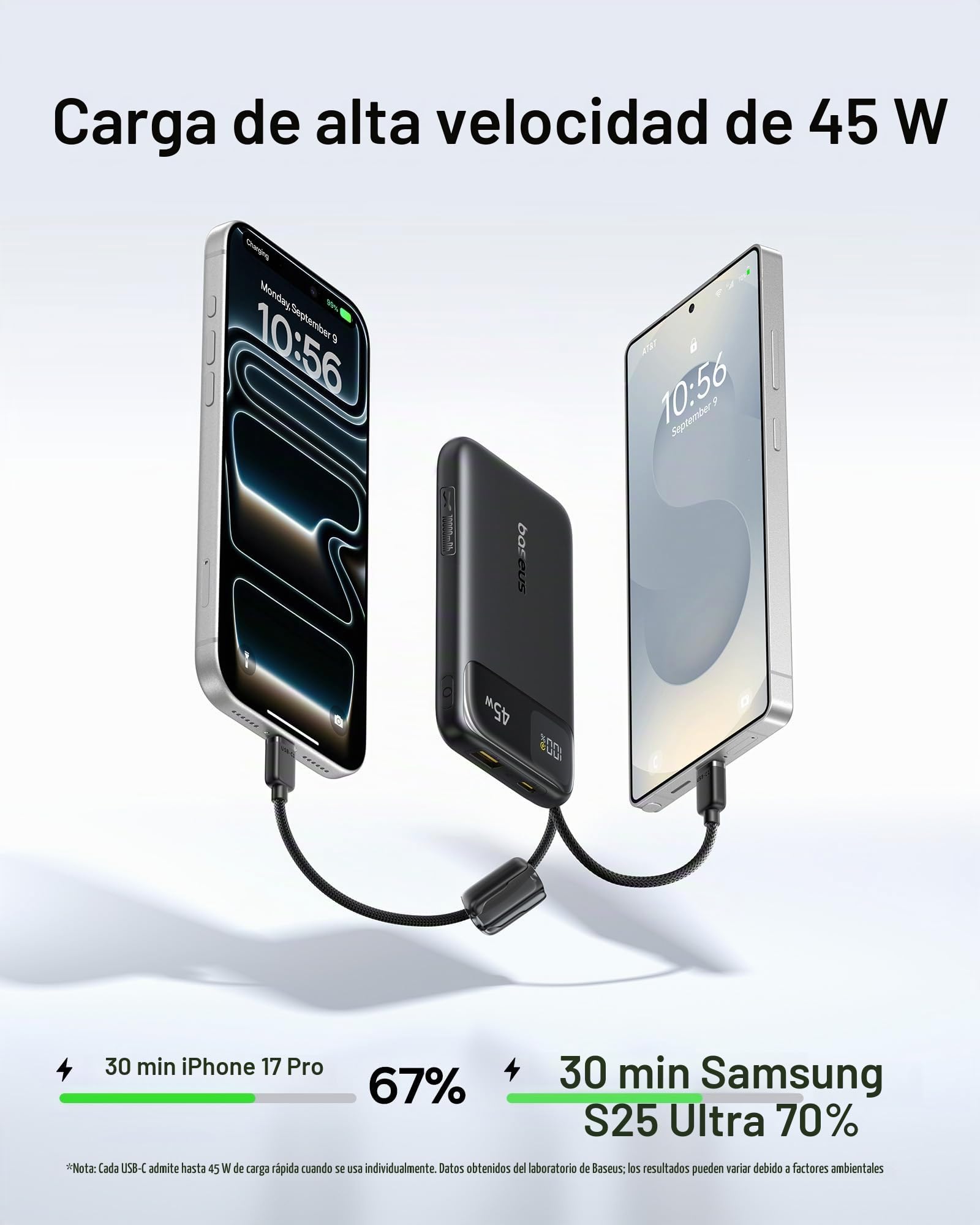 Baseus FC11 Powerbank 45W 10000mAh con 2 cables USB-C integrados, Power Bank Klein CCC Certificación con pantalla LED, baterías externas Mini para iPhone 17/16/15/14 Pro Max, iPad, Samsung