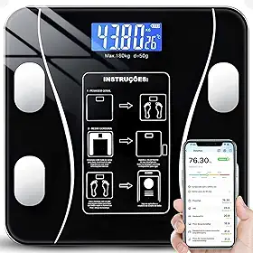 Balança Digital Corporal de Bioimpedância com APP – Mede Peso, Gordura, IMC e Mais. Conecta via App, vidro resistente, até 180kg. Acompanha pilhas. Design moderno e preciso