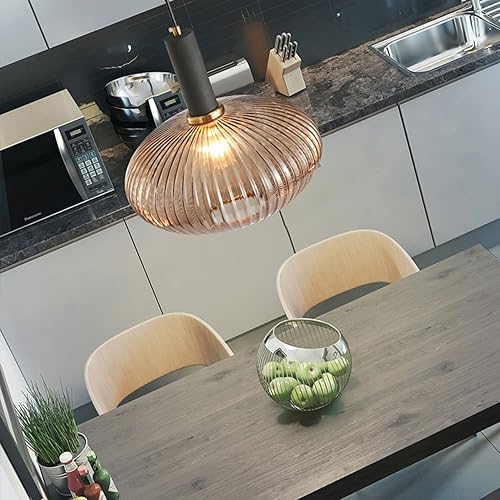 Miniatura 3 de I-xun Lámpara colgante negra y pantalla de luz a rayas de vidrio, iluminación colgante moderna para isla de cocina, casa de campo, luces colgantes