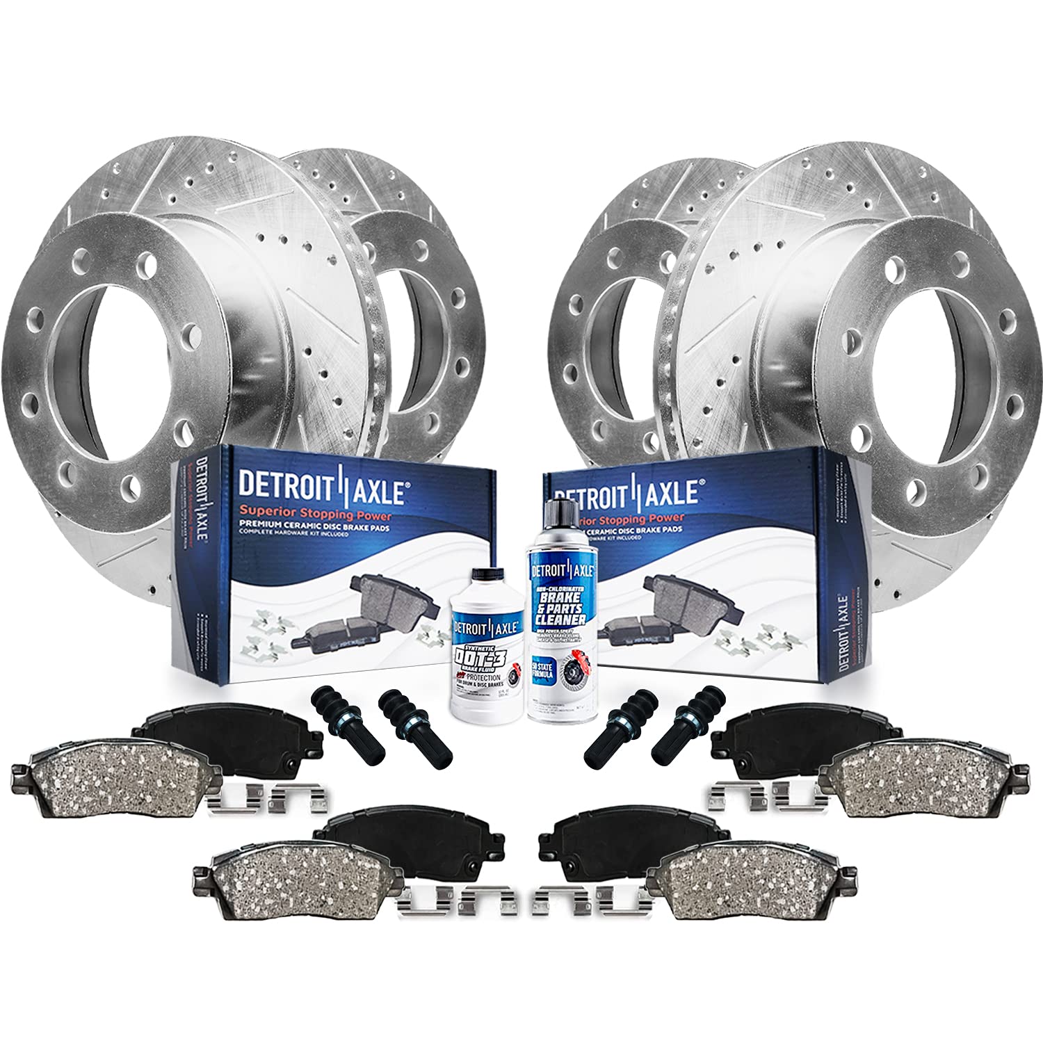 Detroit Axle - Brake Kit for Chevy Express GMC Savana 2500 3500 | Drilled &amp; Slotted Brake Rotors and Copper-Free Ceramic Brake Pads Replacement 12.80" inch Front and 12.99" inch Rear Rotor