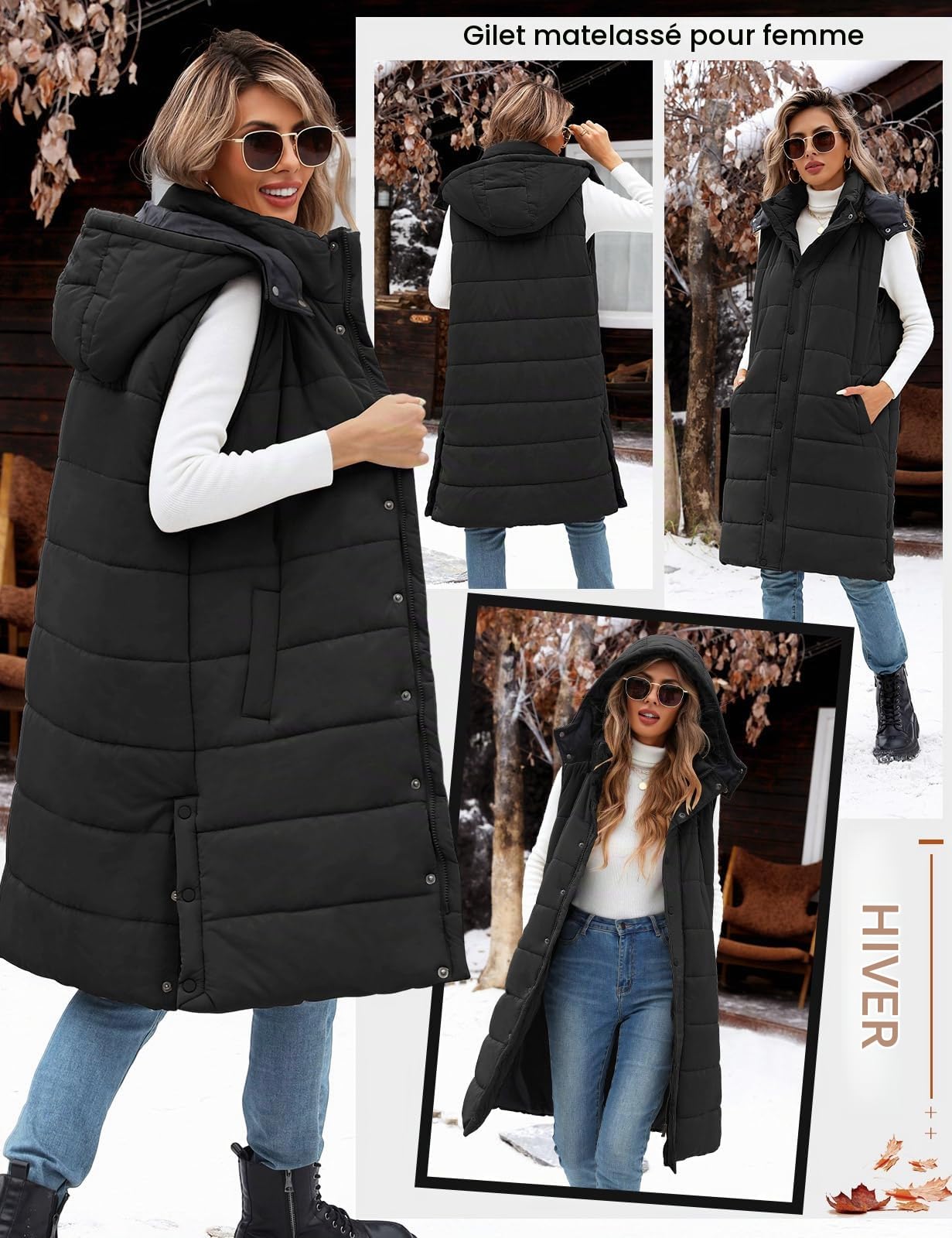 Tuopuda Doudoune sans Manche Femme, Veste Longue sans Manche Manteau sans Manche Automne Hiver Chaud Gilet sans Manche à Capuche Zippée Hooded Coat Matelassé Légère Waistcoat avec Poches