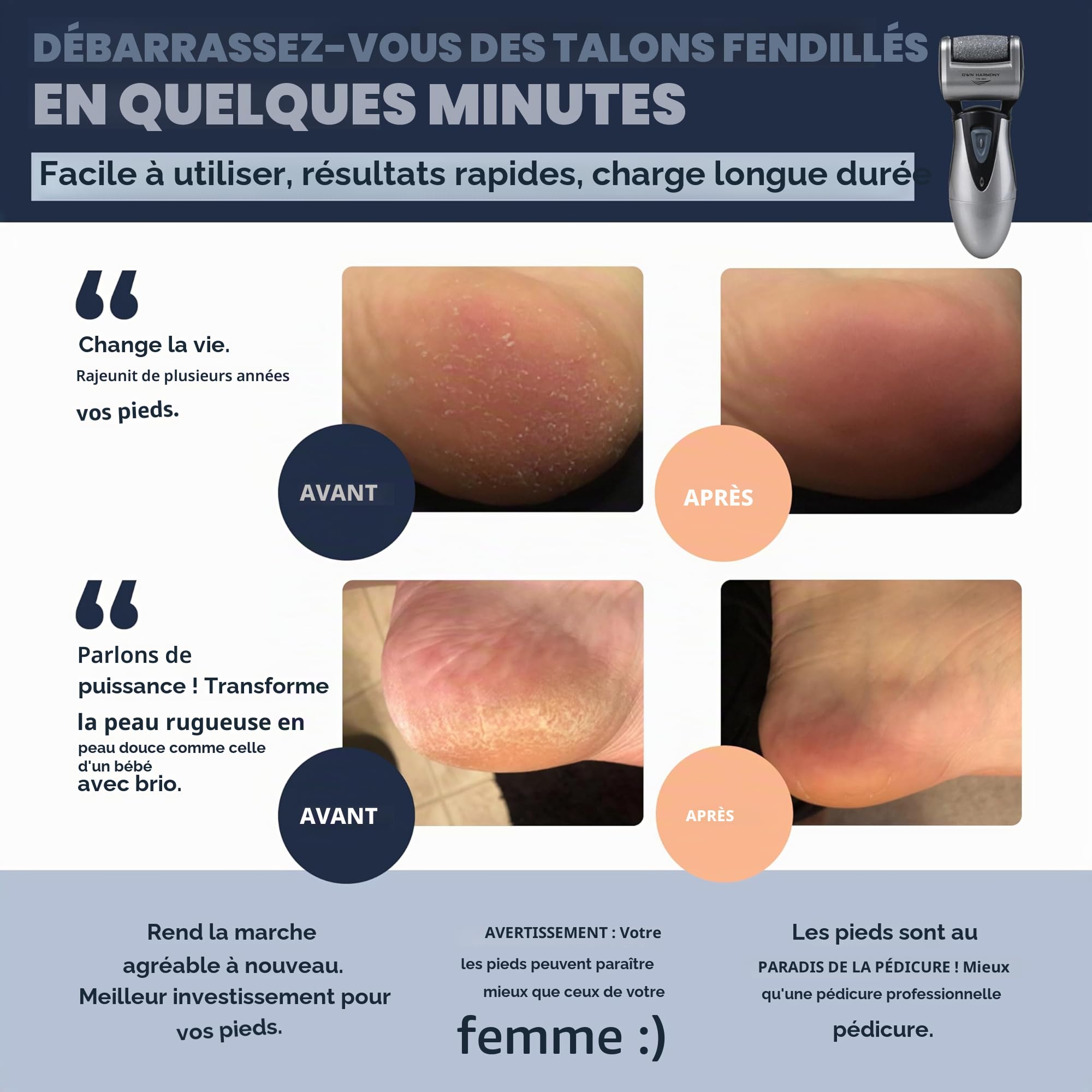 Rapeuse Pieds Electrique pour Hommes par Own Harmony - Rappe Pieds Pédicure Rechargeables et Soins des Pieds avec 3 Rouleaux - Kit Pedicure Professionnel pour Peau Morte, Sèche, Dure (Câble USB)