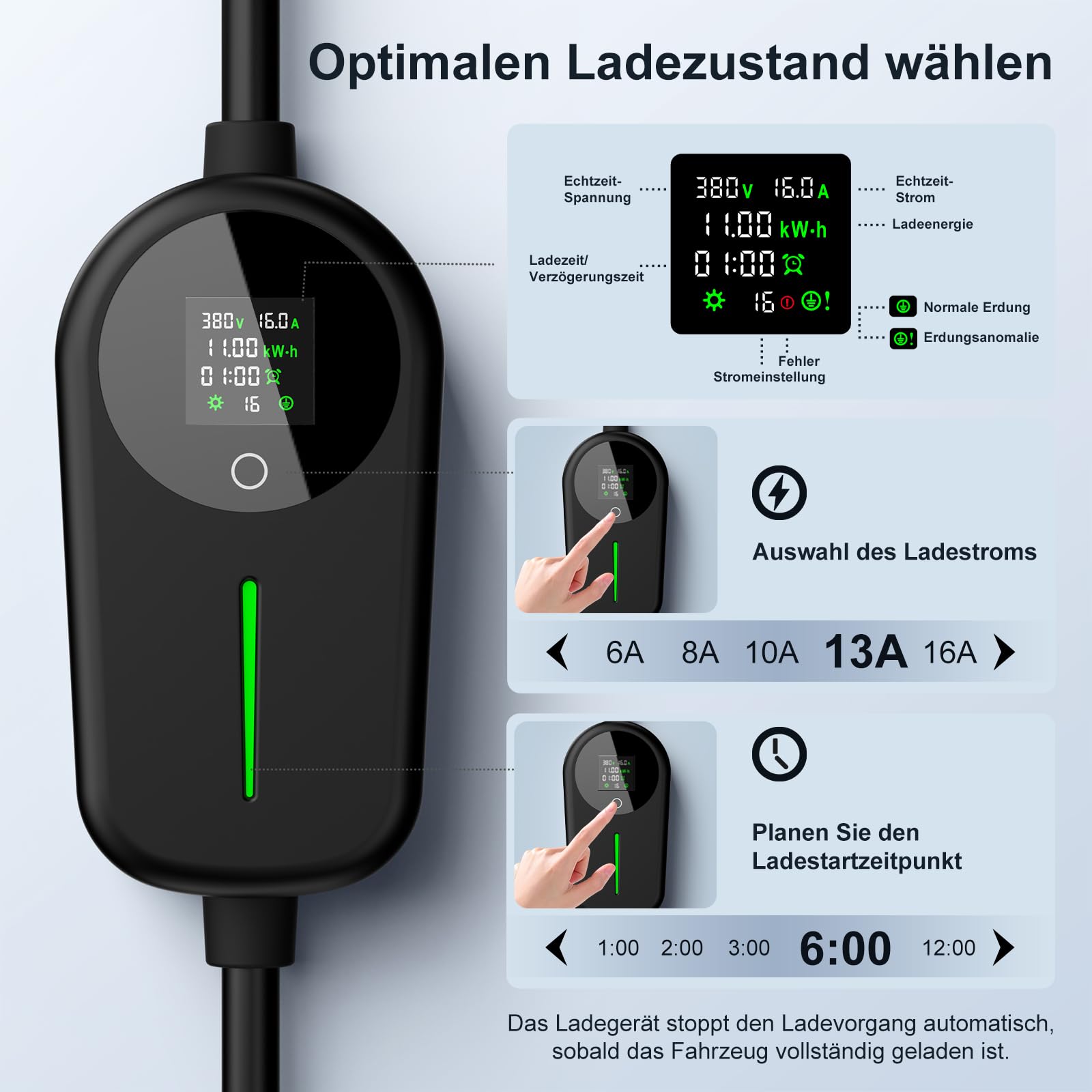 EzGoGo Mobile Wallbox 11kW, 7m, 6-16A, 3-phasig, Einstellbarer Ladeleistung