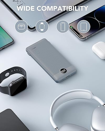 Miniatura 7 de VRURC Cargador portátil con cables integrados y enchufe de pared de CA, cargador de batería USB C de 10000 mAh, batería de viaje, cargador de