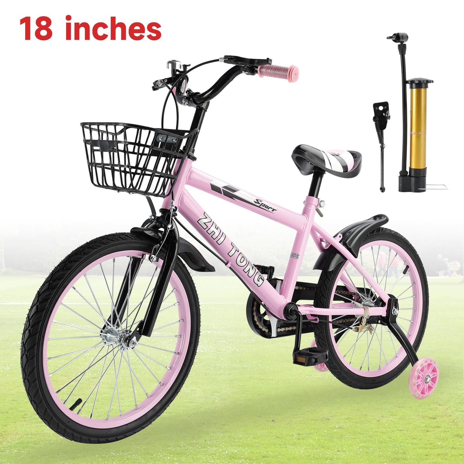 18 Zoll Kinderfahrrad, Verstellbarer Sitz & Lenker, Kohlenstoffstahlrahmen, Doppelbremsen, Stoßfeste Speichenräder, Magnetische Blitzräder, Abnehmbare Stützräder, Jungen/Mädchen Fahrrad