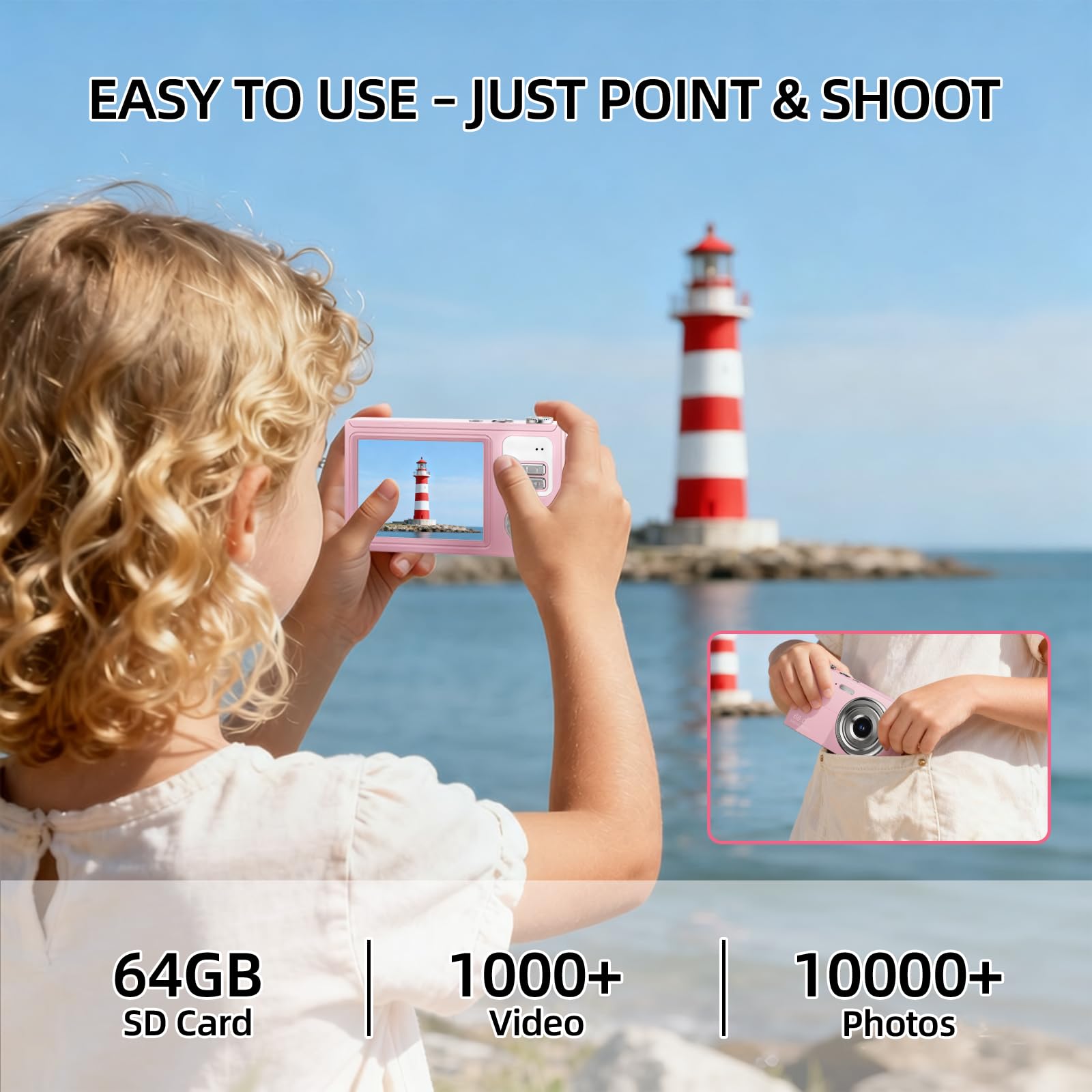 Cámara digital compacta para principiantes y niños, grabación de vídeo HD, dispositivo portátil con zoom de 8X, diseño ligero, perfecta para viajes, uso diario e idea de regalo