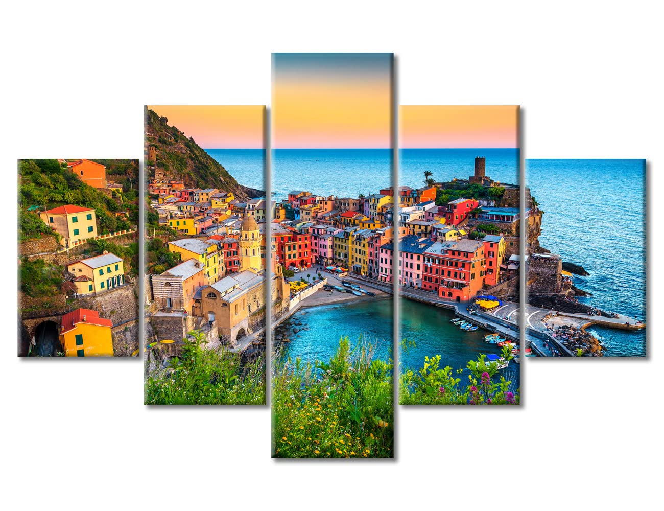 TUMOVO Italy Cityscape Canvas Painting Fantastic House Decoration Cinque Terre at Sunset Wall Art Europe Touristic Home Decor for Living Room Bedroom Pictures Modern Office Wall Décor (60" Wx40 H)
