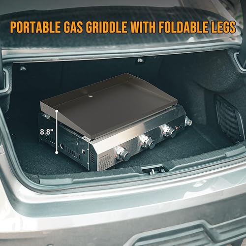 Miniatura 7 de Onlyfire - Parrilla de gas de mesa con tapa y patas plegables, parrilla de gas propano de 2 quemadores, parrilla plana superior, parrilla portátil