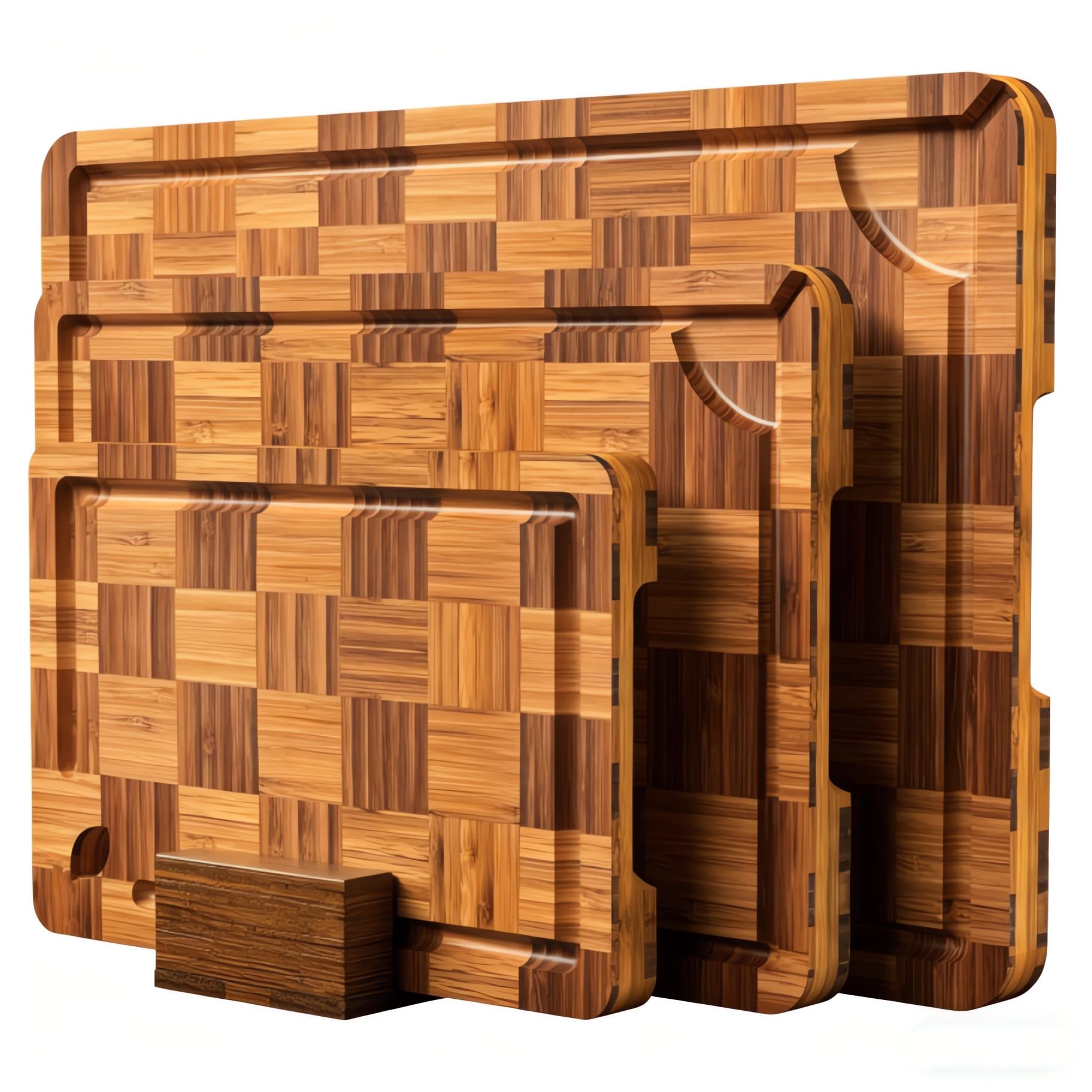 BAMBANG Schneidebrett Set Holz,Schachbrettmuster Hackblock Stirnholz Schneidebretter Bambus,Holzbrett Küche Messerschonendes Holzschneidebrett Bamboo Groß für Fleisch Gemüse