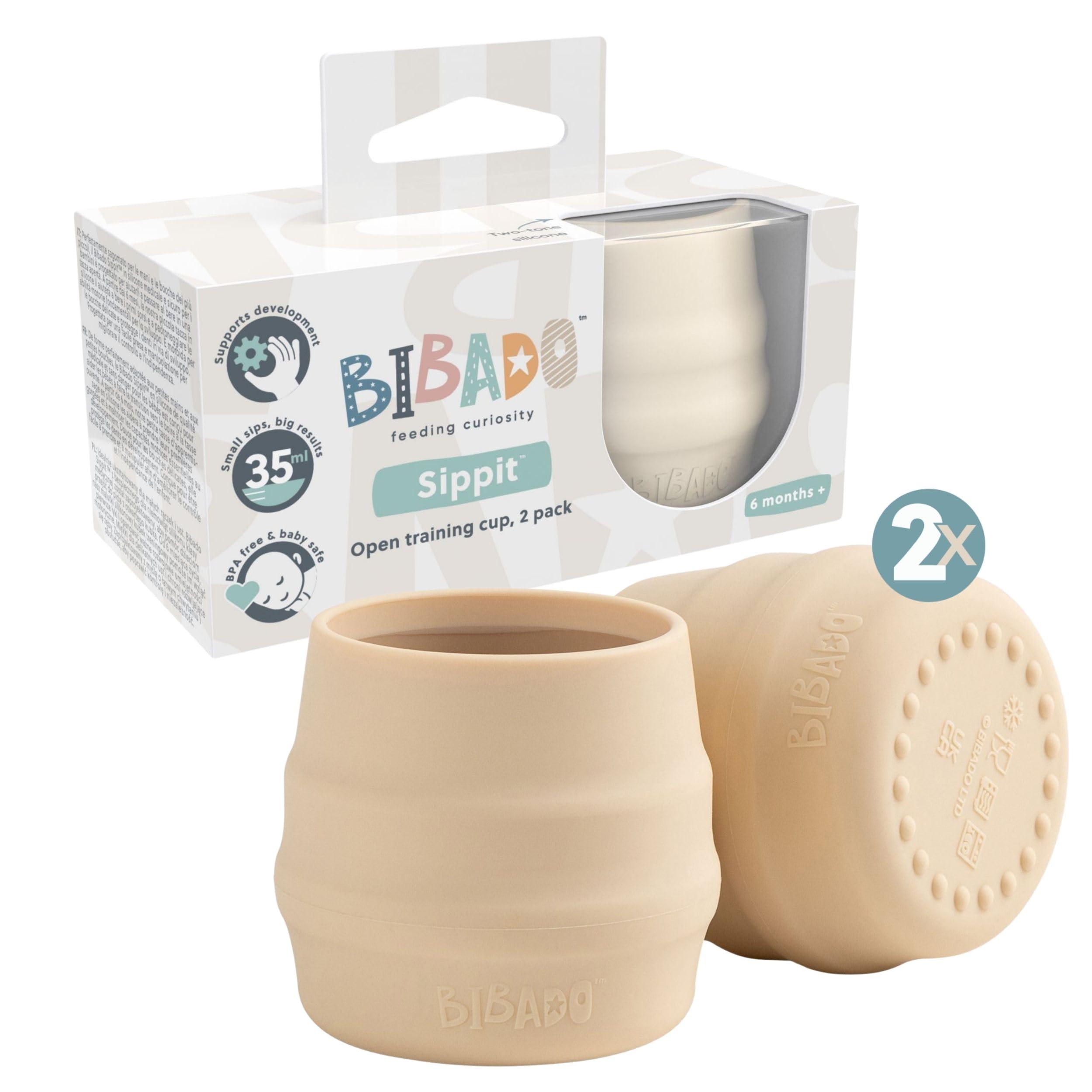 BIBaDO, Sippit Silicone Baby Cup, Fawn (2-Pack), Open Training Silicone Cups, Soft, Non Slip Grip, Weighted Base, Durable
