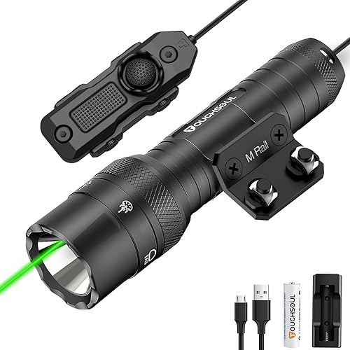 TOUGHSOUL M-Rail Green Laser Tactical Flashlight 1250 Lumens, Rechargeable Flashlight with Remote Pressure Switch LED Light with Rechargeable Batteries and Charger Included (M-Rail-Light+Laser)