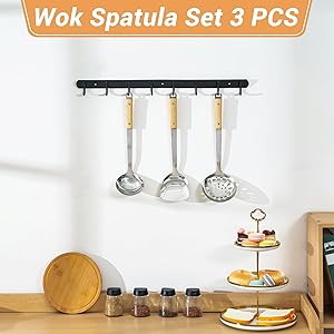 FJNATINH Wok Spatula and Ladle Skimmer Spoon - Stainless Steel Cooking Utensils Set of 3,Kitchen Wok Utensils Set