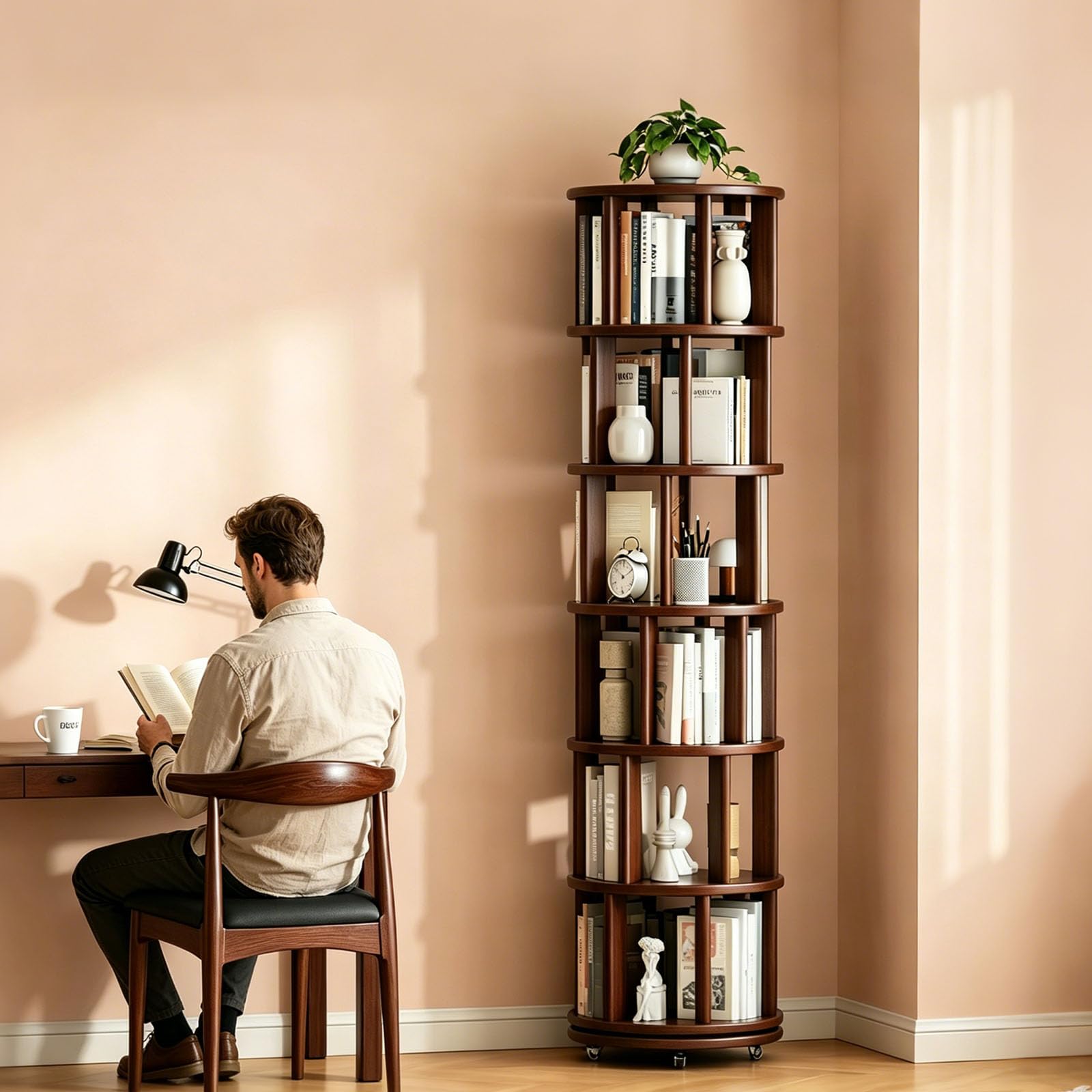 Libreria Rotante a 360° in Legno Massello, Scaffale Girevole a 6 Ripiani con Ruote, Salvaspazio per Salotto, Studio, Camera da Letto e Ufficio, Design Moderno