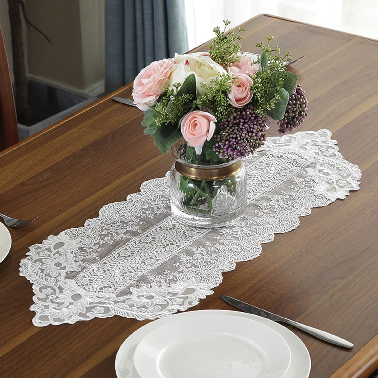 Tischläufer Herbst, Tischtuch Abwaschbar aus Polyester Dreieckige Spitzenblattblumenstickerei Weiß 30x280CM für Partys Abendessen