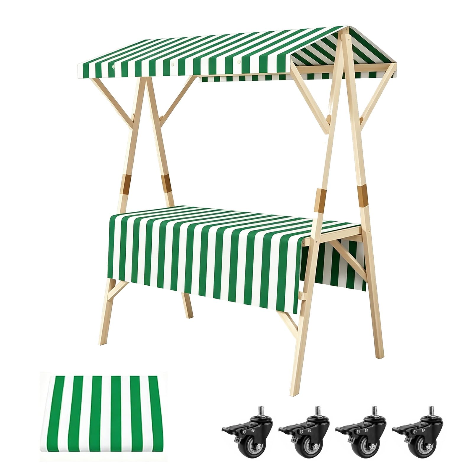 CMYAOYC Portable Food Cart with Striped Canopy, Foldable Farmers Market Stall Cart with Wheels, Wooden Concession Stand, Mobile Buffet Table(Green,150cm)