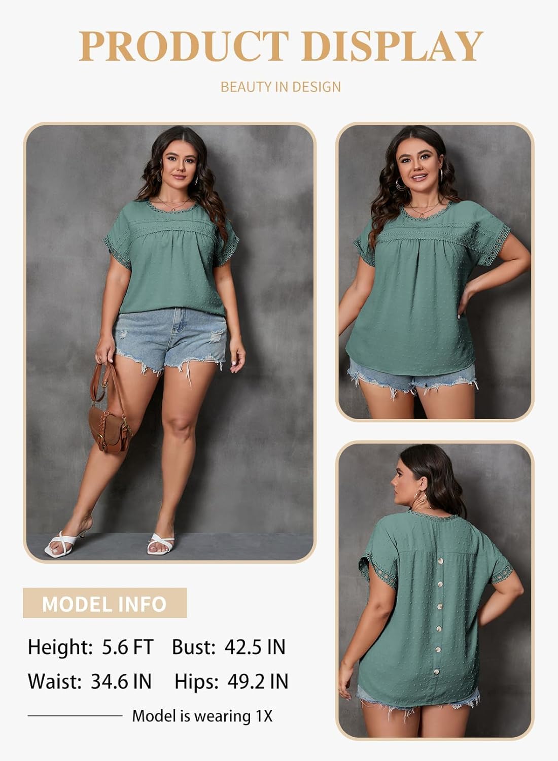 Eytino Women Plus Size Tops Crewneck Short Sleeve Lace Crochet Loose Casual Summer Blouses Shirts(1X-5X) - Image 3