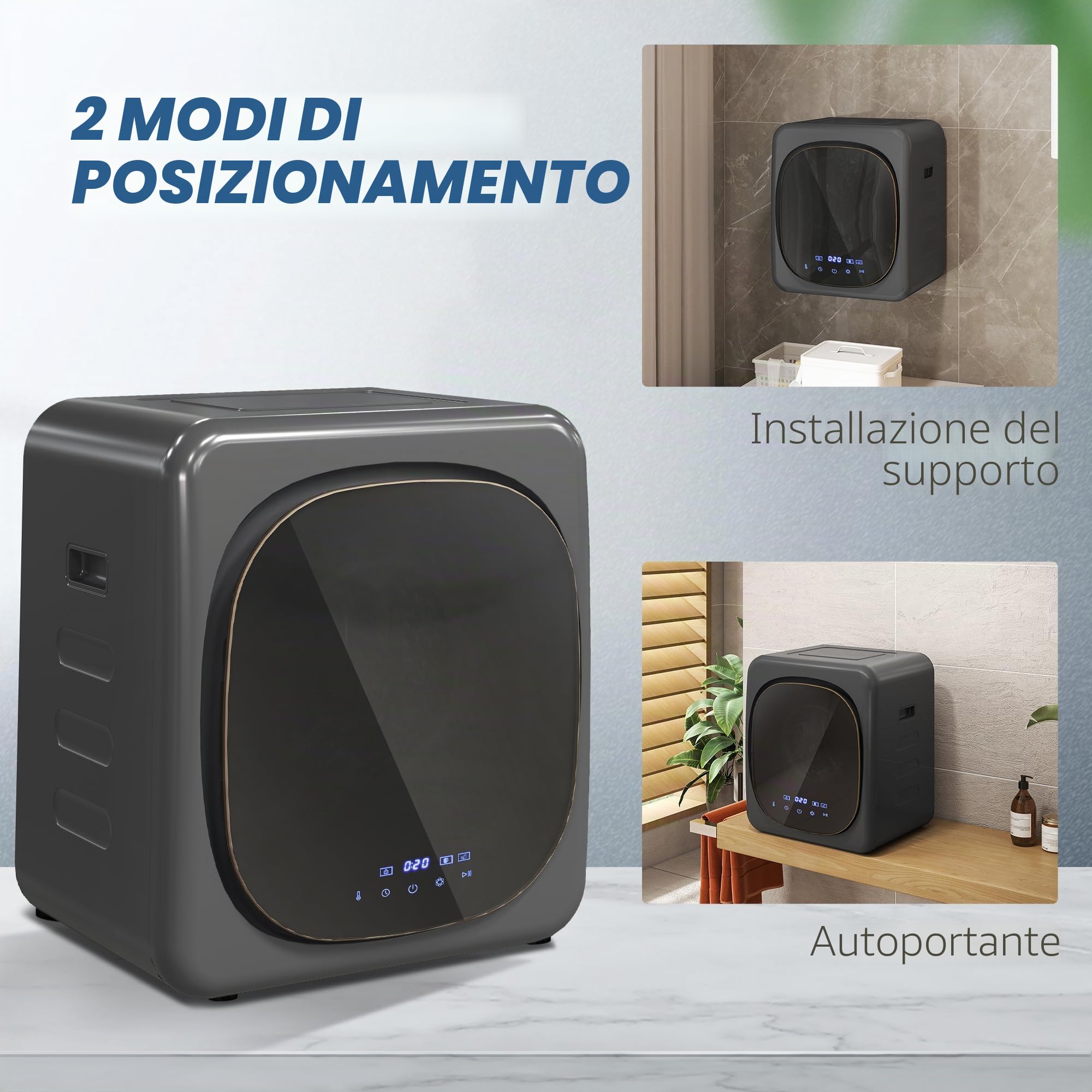 HOMCOM Mini asciugatrice con 6 programmi, touch screen a LED, 4 kg, fino a 60 °C, 800 W, autoportante, montaggio a parete, con protezione contro il surriscaldamento, asciugatura per vestiti, grigio