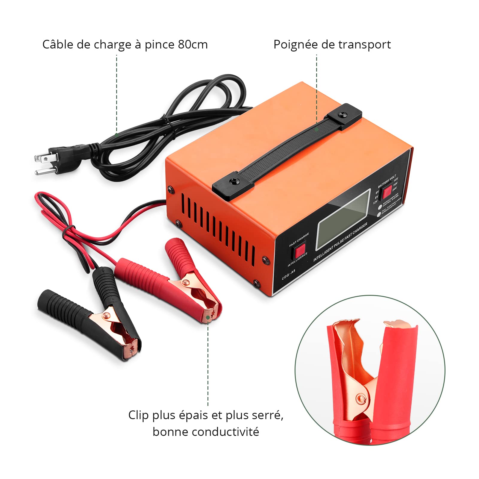 EYPINS Chargeur de batterie de voiture, 6 V/8 V/12 V/16 V/24 V, intelligent, universel, entièrement automatique, avec écran, chargeur d'entretien 0-10 A, pour batteries gel, AGM, STD/plomb-acide