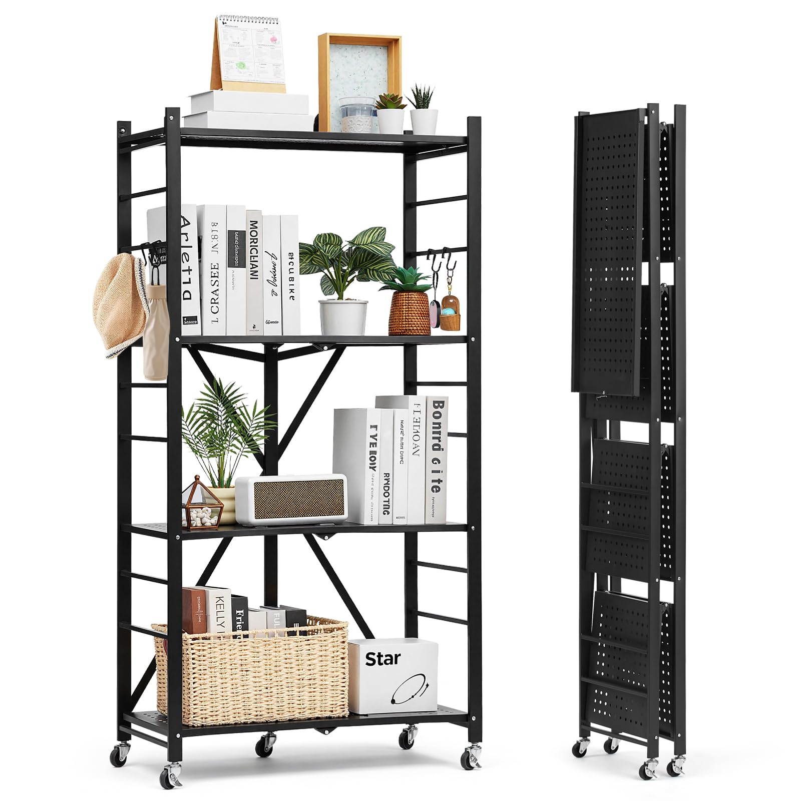 VEVOR 4-poziomowy składany regał do przechowywania, 61 szer. x 30 cm x 137 cm, składany, metalowy, wytrzymały, bez montażu, organizer z 5 kółkami i 4 haczykami, do spiżarni, kuchni, garażu, piwnicy