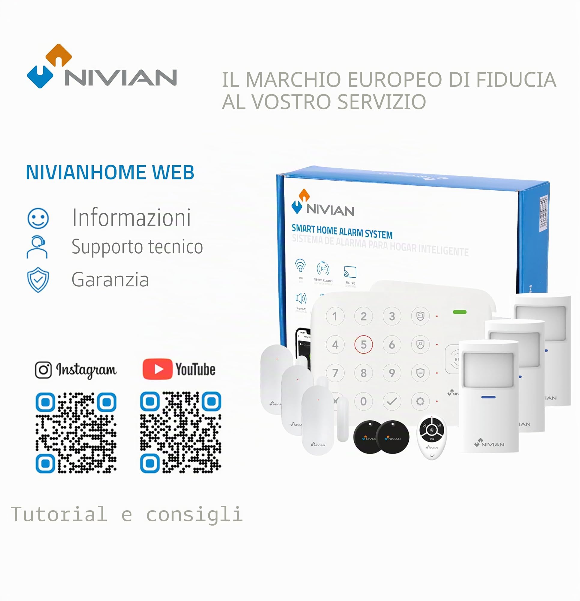 Nivian Sistema di Allarme WiFi con Tastiera e RFID – Kit Antifurto Wireless per Casa o Ufficio – Connessione WiFi, App Tuya, Sensore di Movimento e Porta, Sirena Integrata, Telecomando e 2 Tag RFID