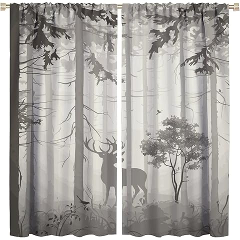 Deer Blackout Curtain - Grey Misty Forest Window Drapes