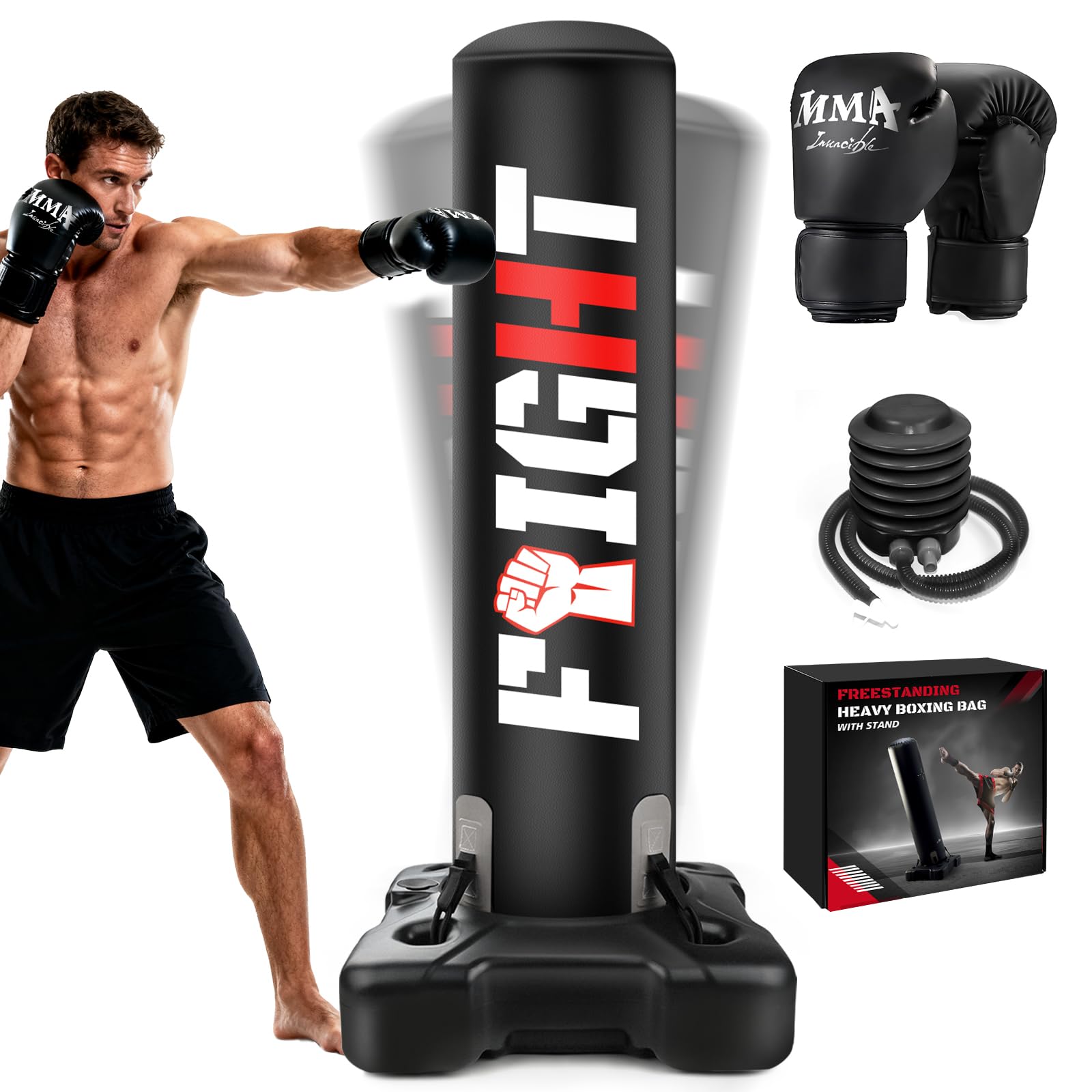NZQXJXZ 175cm Sacco da boxe da terra, Sacco da boxe Adulto su piedistallo con pompa e guantoni da boxe, set da boxe per Kickboxing Arti Marziali MMA Dummy Muay Thai allenamento in palestra a casa