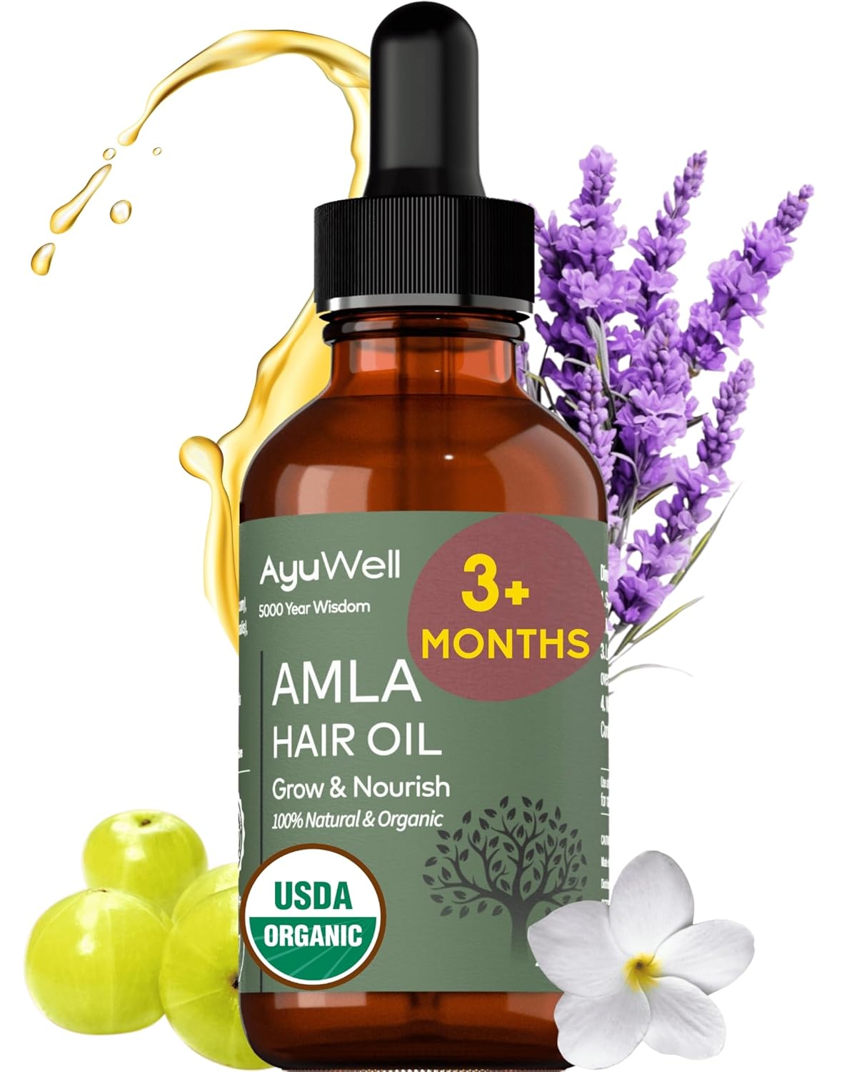 Ayurvedic Hair Oil, Potent & Lightweight Amla Indian Hair Growth Oil — USDA & All Hairs Types — For Nourishing Scalp w/Non-GMO Bhringraj, Brahmi, & Lavendar For Growth + Balanced Health, 2 oz