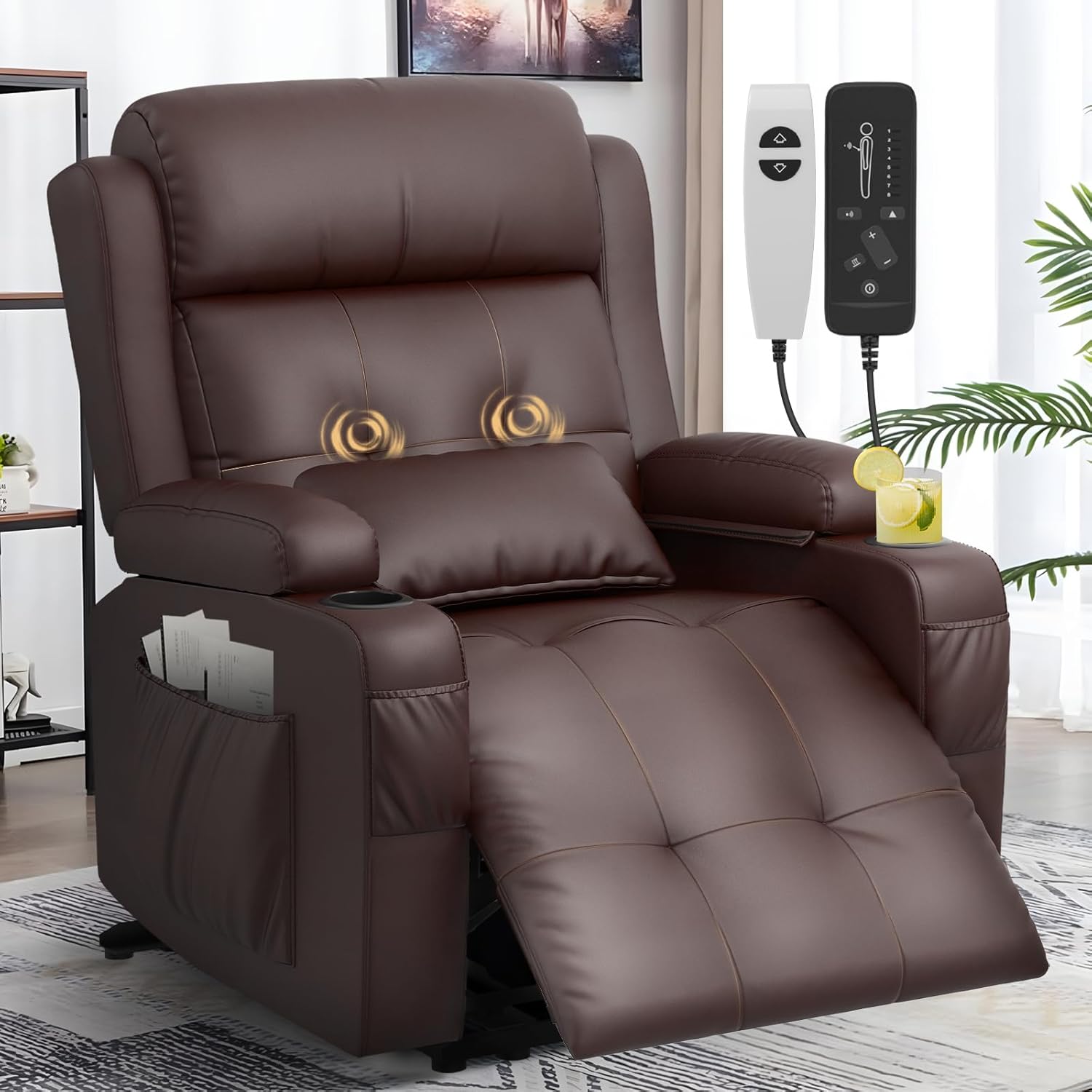 Extra Wide Seat Recliner Chair with Heat and Back Massage, Electric Power Oversized Reclining Chair Infinite Position with Storage Armrests & 2 Cup Holders for Living Room, Manual Recliners