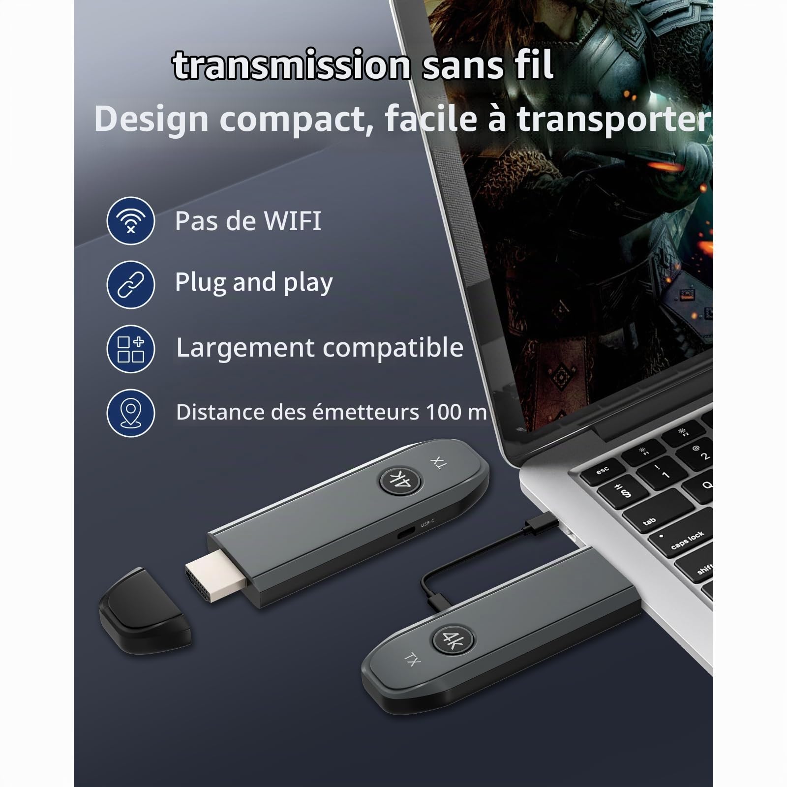 Émetteur et Récepteur HDMI sans Filr 100 Mètres, 4K@30Hz Ultra HD, Plug & Play Connexion Stable | Sac de Rangement Portable,Plug and Play,Double Bande 2.4G/5G,pour PC, Caméra, TV Box