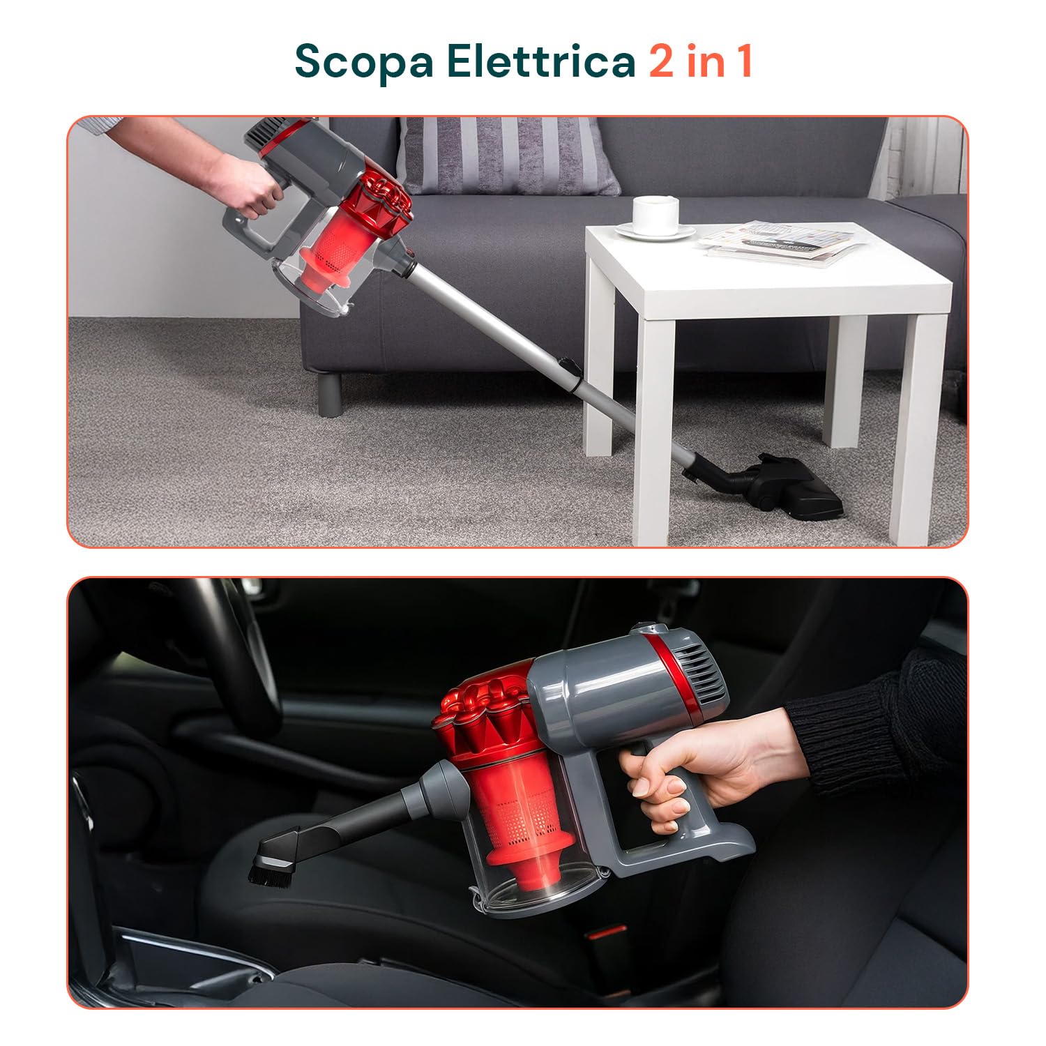Wintem - Scopa Elettrica Ciclonica 600W con Filtro HEPA, Tubo Allungabile e Accessori per Fessure e Tessuti, Ideale per aspirare Auto e Pavimenti, Leggera e Senza Sacchetto