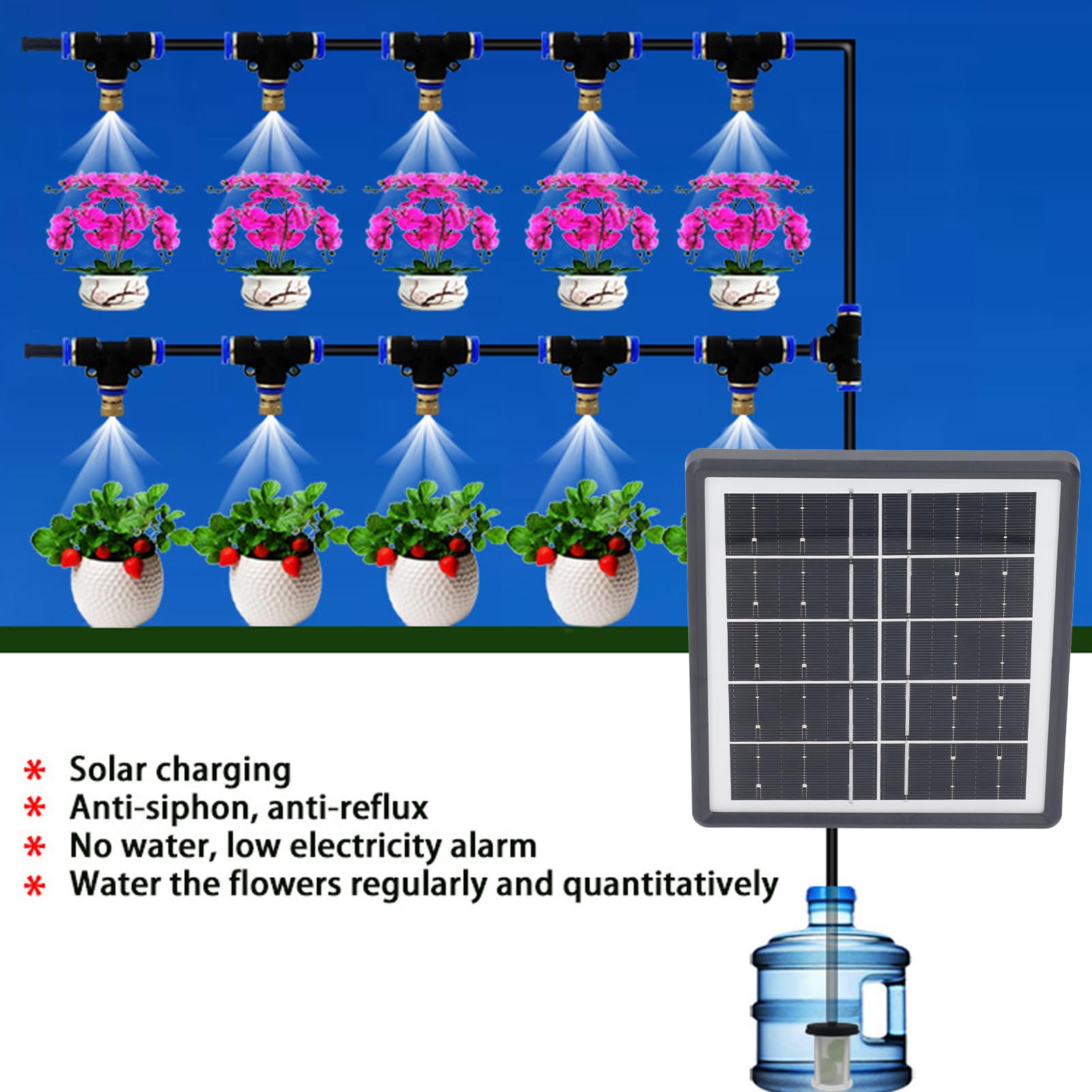 Kit de riego por goteo automático solar, de riego solar con 12 modos de sincronización, batería de 2000 mAh, soporta 10 macetas, IP67 para plantas de interior y exterior,