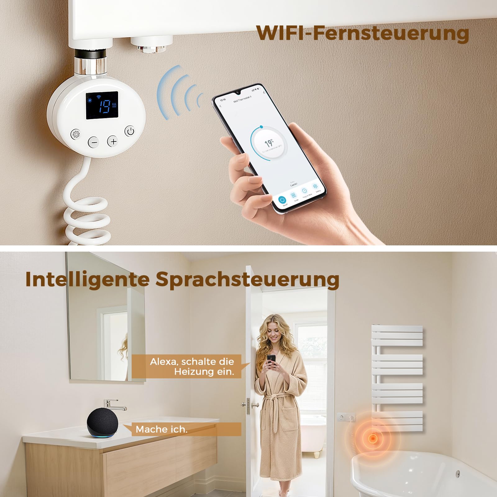Heizstab für Badheizkörper 900W,heizstab badheizkörper mit Thermostat, WiFi-fähig, programmierbare Temperaturregelung, Edelstahl-Heizstab, geeignet für Handtuchheizkörper und Heizkörper, Weiß
