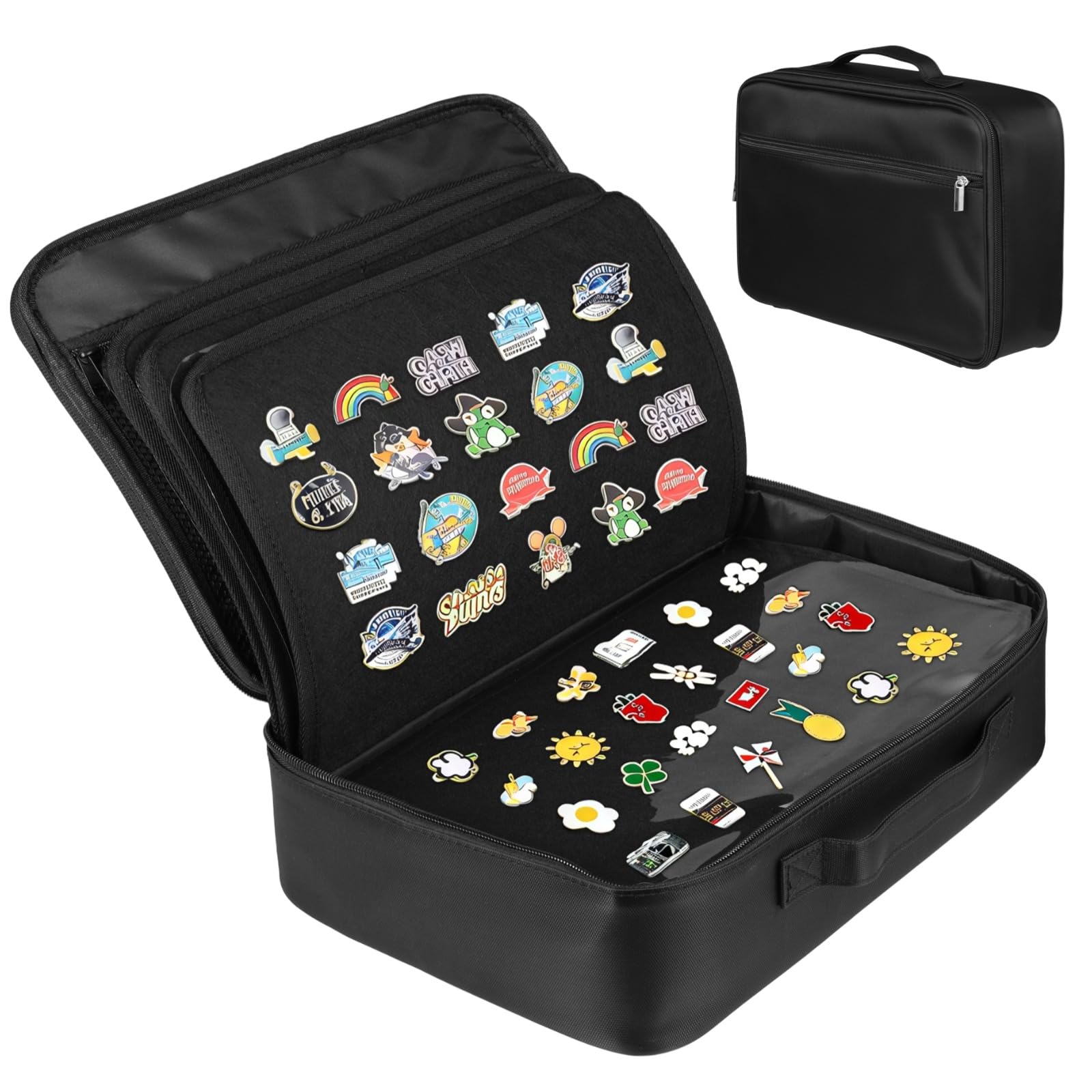 Enamel Pin Display Bag, 12 Page Collectible Pins Board Storage Organization Box, Large Capacity Oxford Cloth Collection Bag for Pins, Travel Brooches, Sports Medals (14.6 x 10.2 x 3.9 Inch, Black)