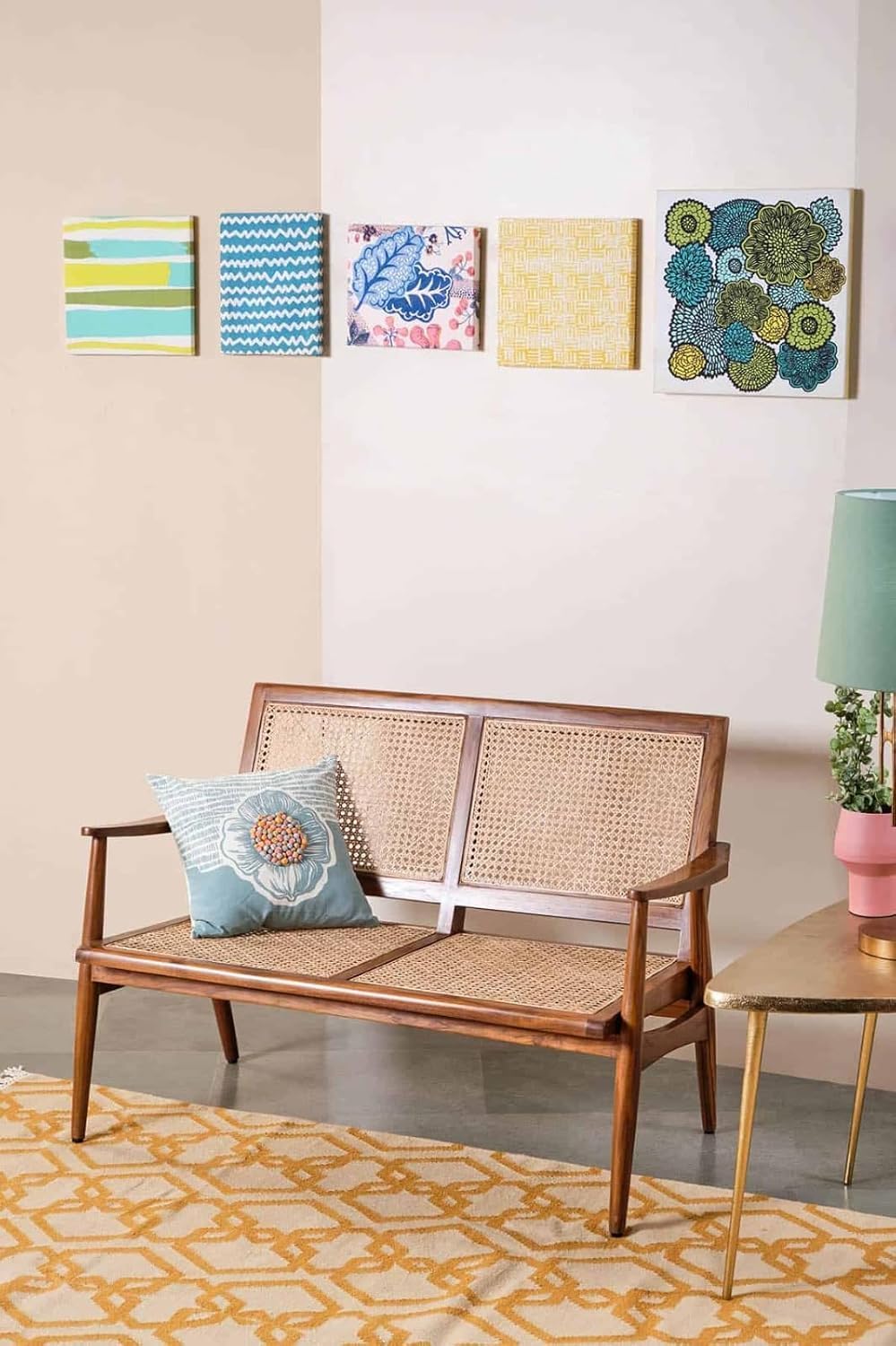 solid sheesham wooden 2 seater rattan bench | witharm l bench for living room, garden, outdoor & home, brown finish, (119l x 70d x 79h cm) wooden bench with cane.