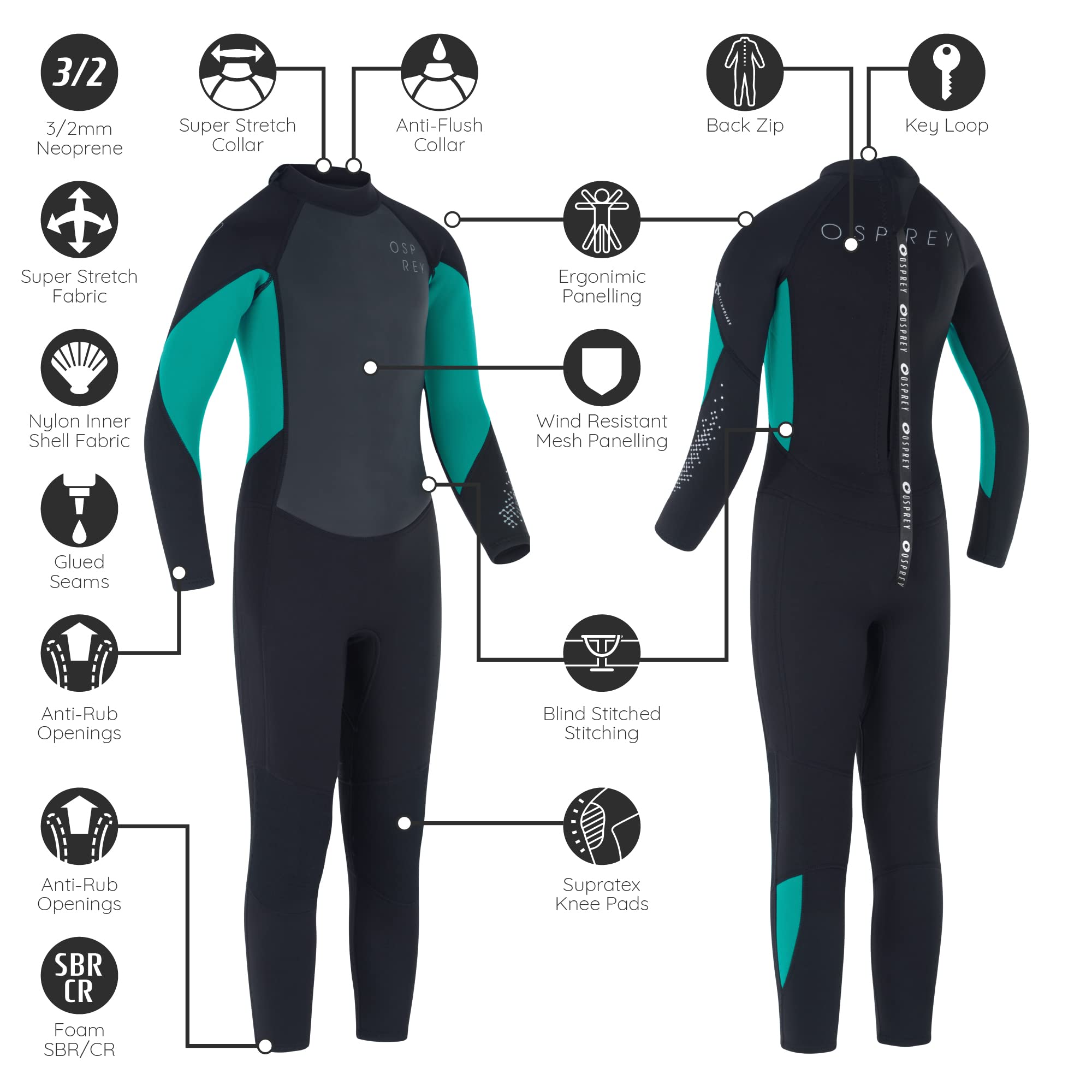 Osprey - Muta estiva da bambina, lunghezza 3 mm, in neoprene, per surf, bodyboarding, zero, verde acqua