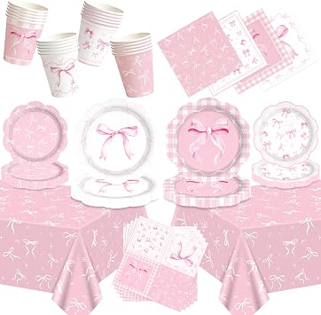 Pink Bow Party Decorations, Bow Party Tableware, Dinner Plates Desserts Plates Cups Napkins 2PCS Tablecover Straws for Coquette Girl Birthday Party Decoration Supplies, Serves 20