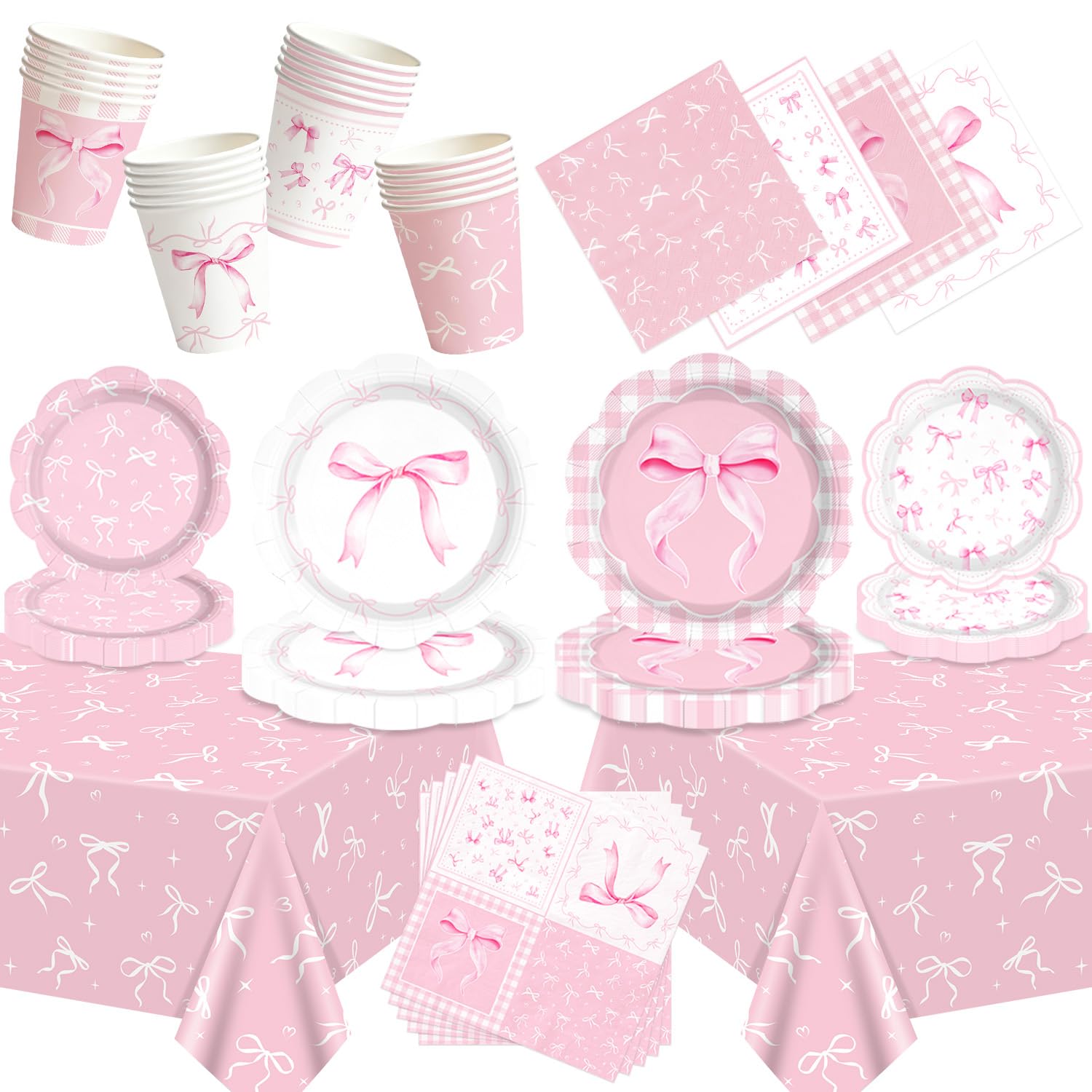 Pink Bow Party Decorations, Bow Party Tableware, Dinner Plates Desserts Plates Cups Napkins 2PCS Tablecover Straws for Coquette Girl Birthday Party Decoration Supplies, Serves 20