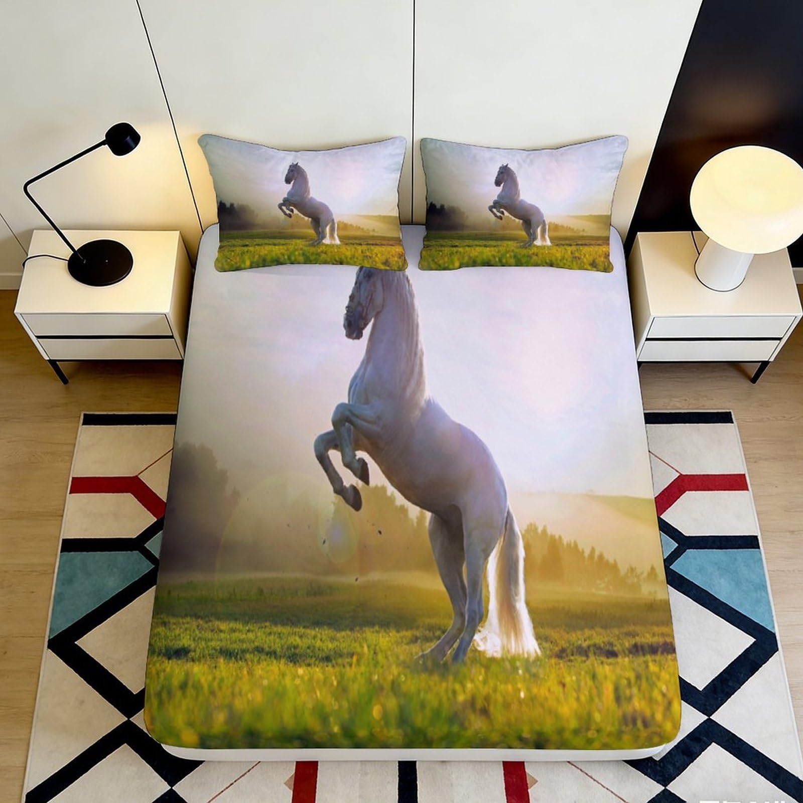 3D Printed Horse Meadow Fitted Sheet Microfiber Soft Anti-Slip Bed Sheet for Bedroom Guest Room Decor 90x200x25cm