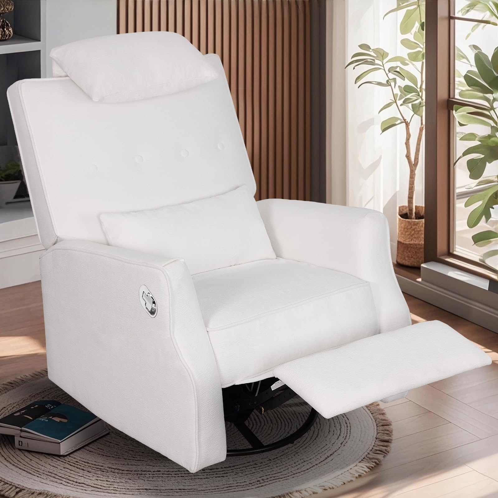 DIFYHOMEY Nursery Swivel Glider Recliner Chair Chenille Upholstered Accent Glider Rocker Recliner with Headrest and Lumbar Support Pillow for Nursery Living Room Bedroom (White)