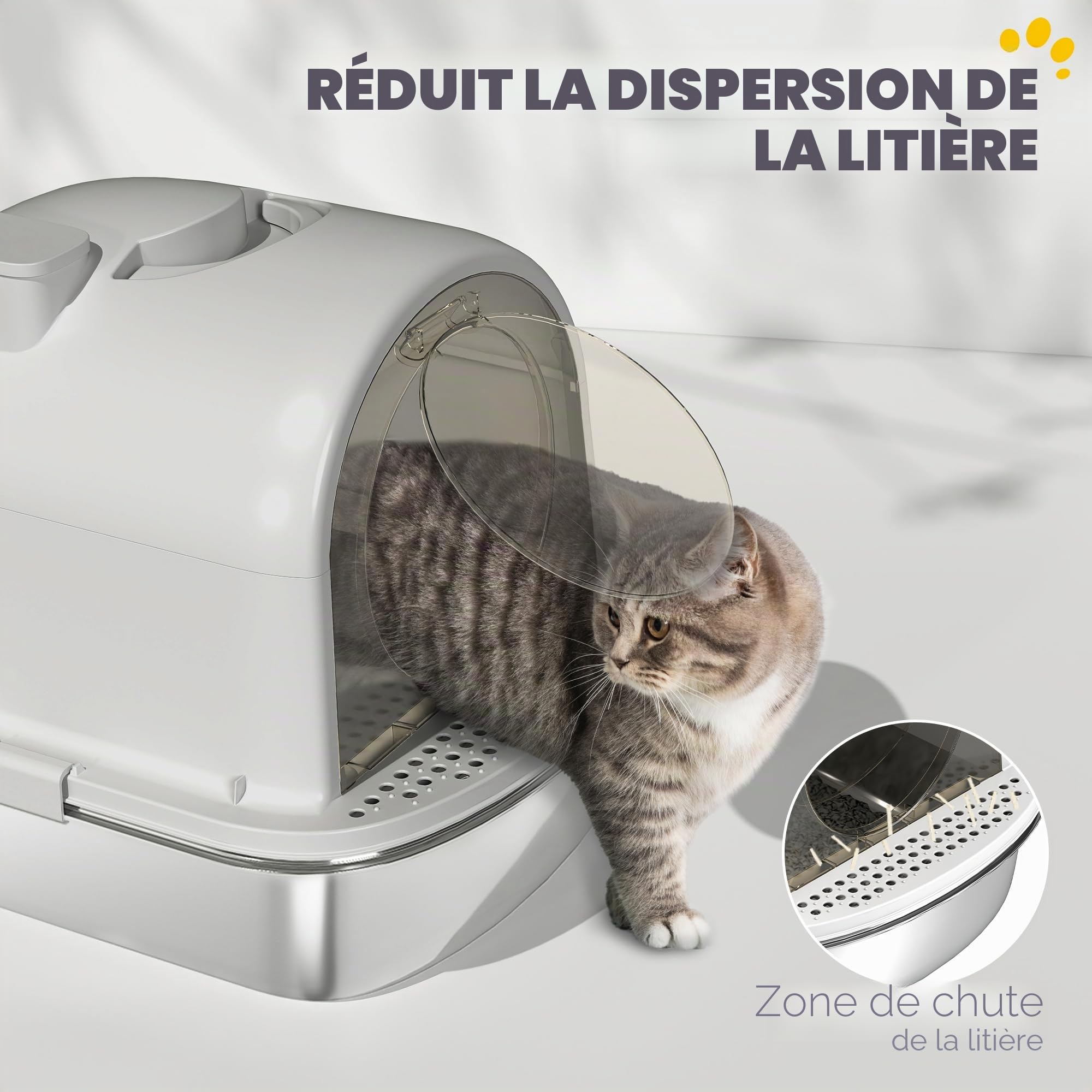 PawHut Bac à litière INOX avec Couvercle, bac à litière fermé Gris
