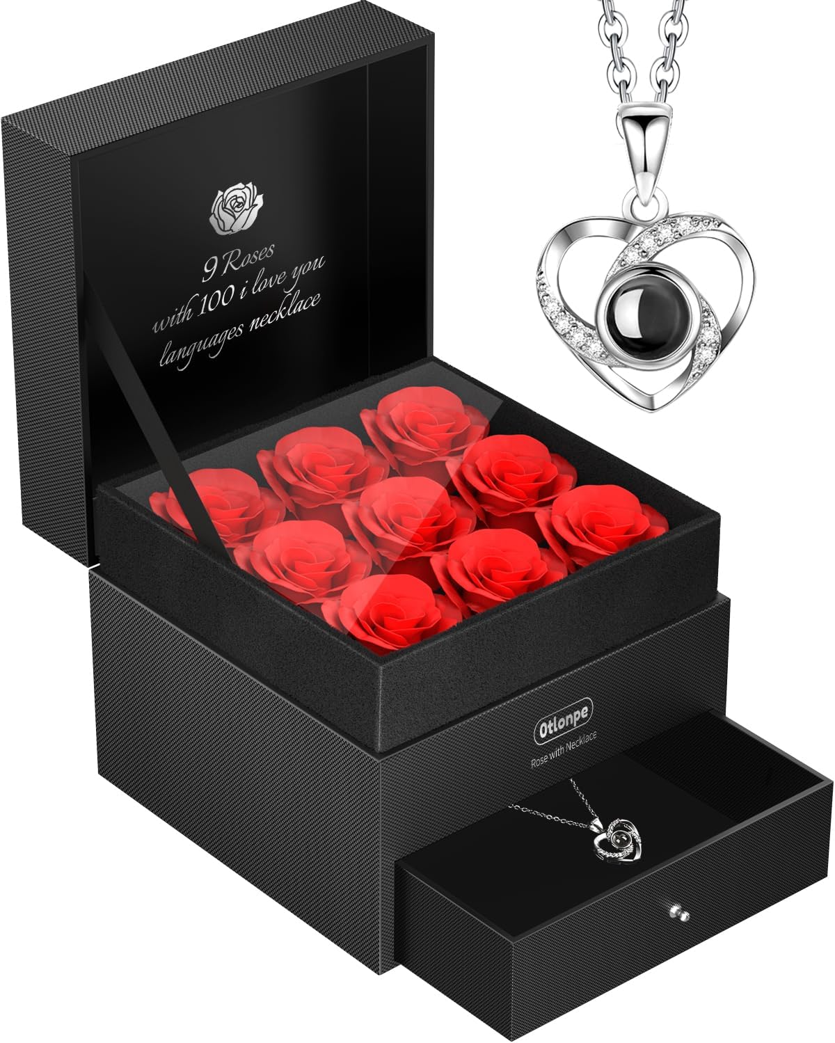 OtlonpeOtlonpe Rose Flowers Mothers Day Gifts for Mom, Forever Preserved Artificial Rose Flower 9 Pcs with Necklace in Box, Flower for Christmas Valentines Birthday Gifts for Women Mom wife Girlfriend