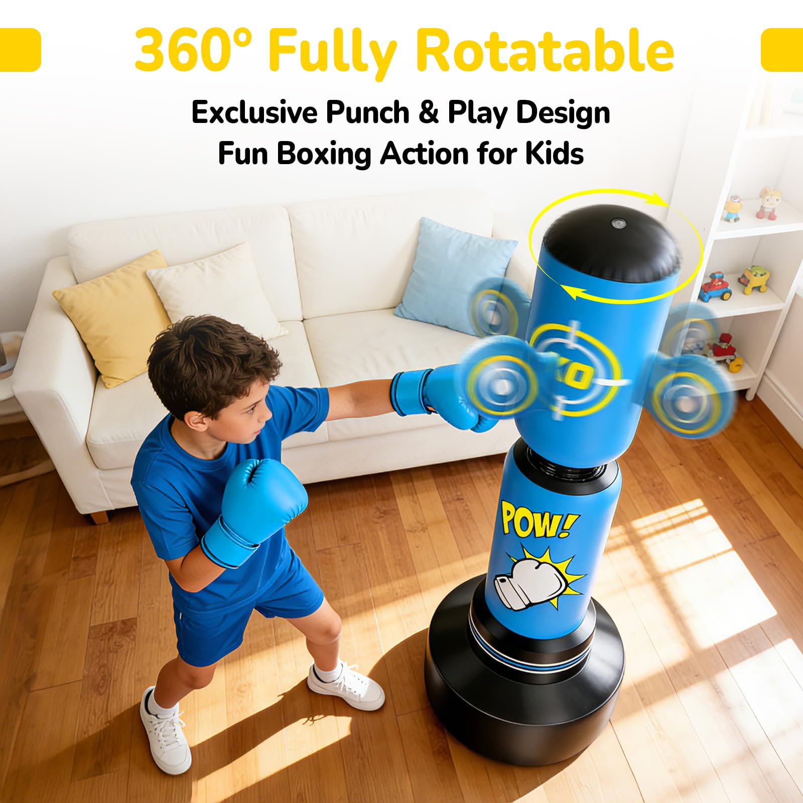 Saco Boxeo Niños,Saco de Boxeo Hinchable con Guantes y Inflador Electrico,Kickboxing, Equipo de Boxeo para Niños y Niñas de 6 a 14 Años
